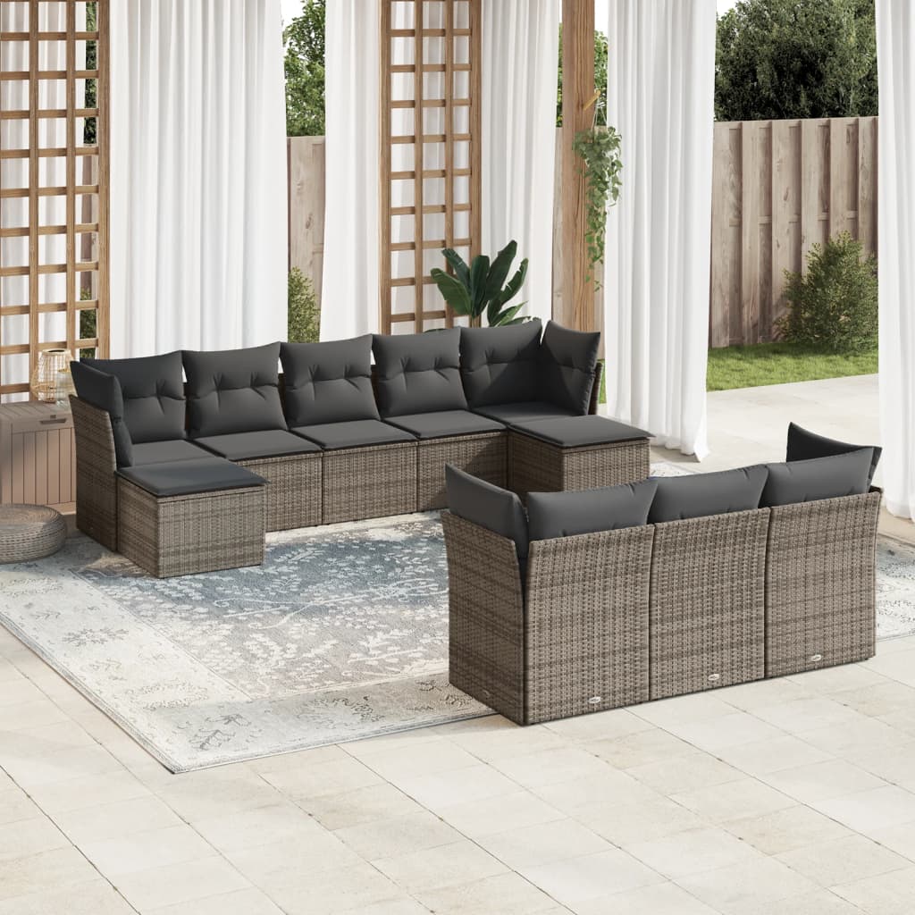 10 Pcs conjunto sofás de jardim c/ almofadões vime PE cinzento