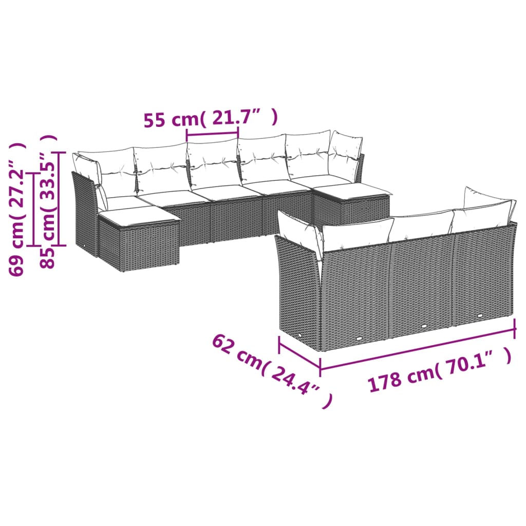 10 Pcs conjunto sofás de jardim c/ almofadões vime PE cinzento