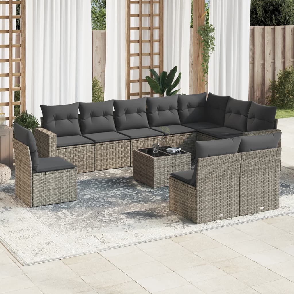 11 Pcs conjunto sofás de jardim c/ almofadões vime PE cinzento