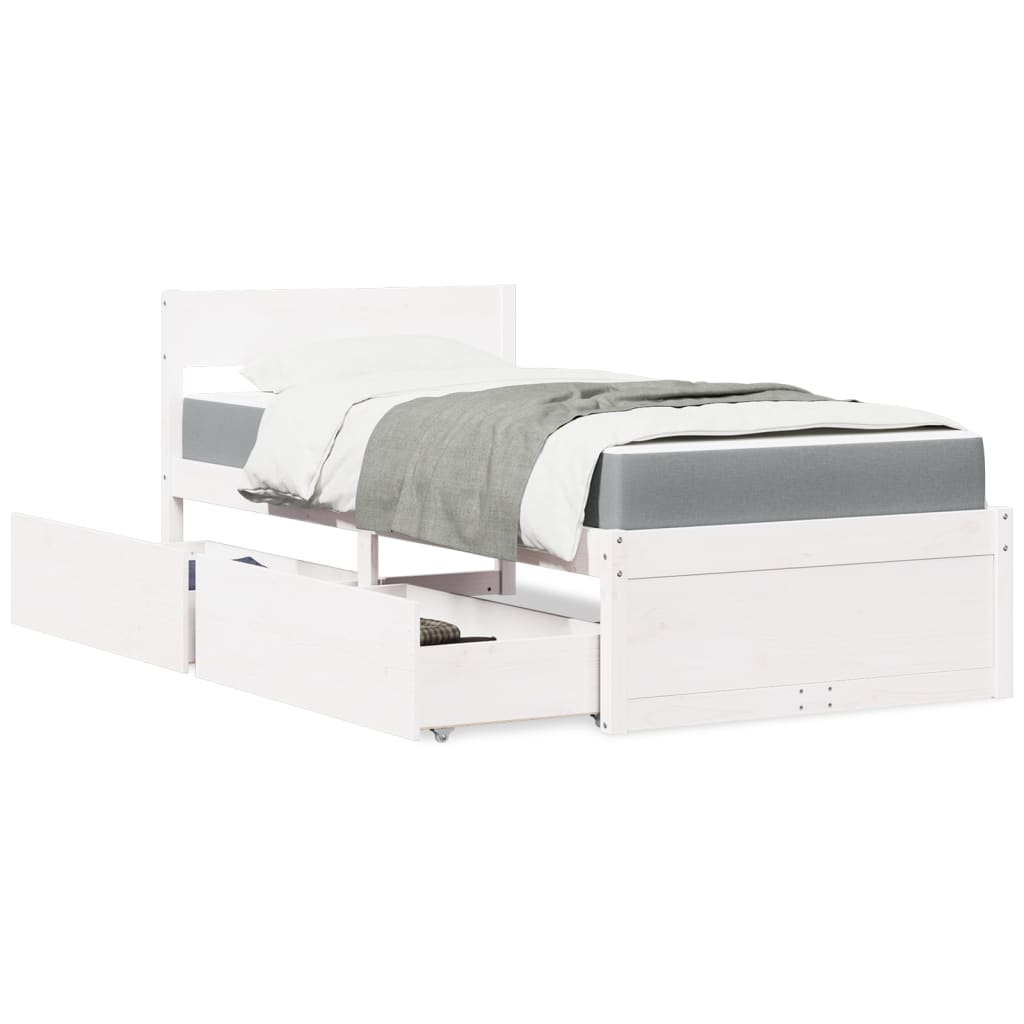 Cama com gavetas e colchão 90x200 cm pinho maciço branco