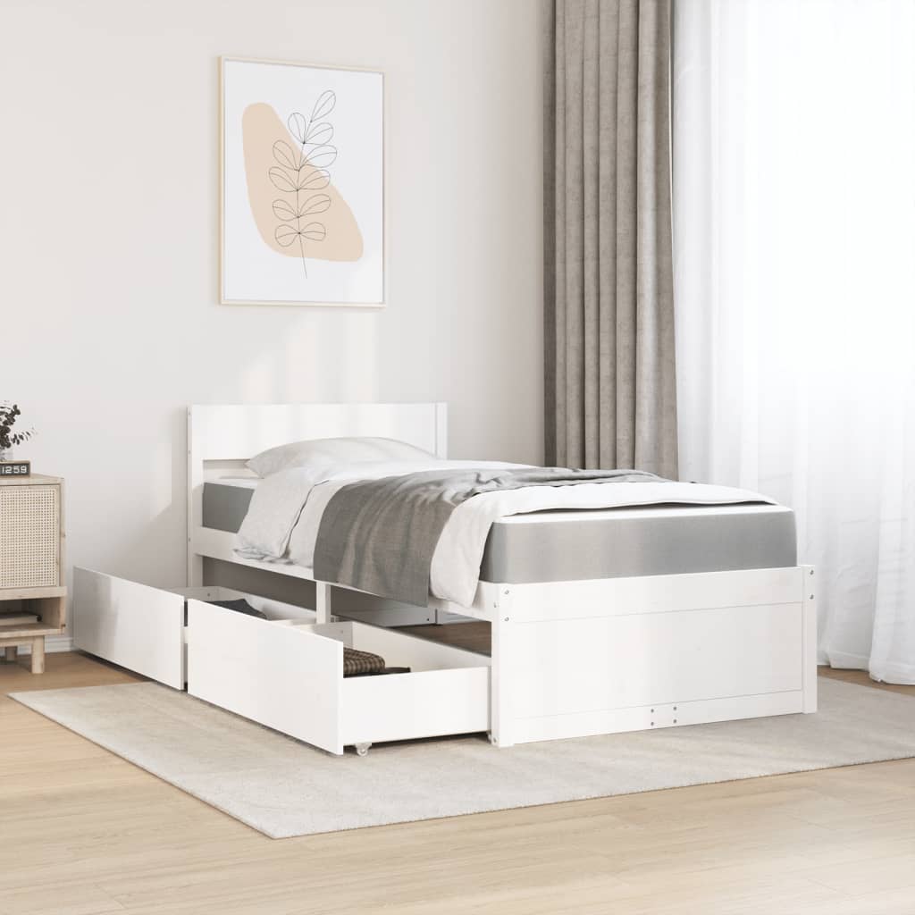 Cama com gavetas e colchão 90x200 cm pinho maciço branco
