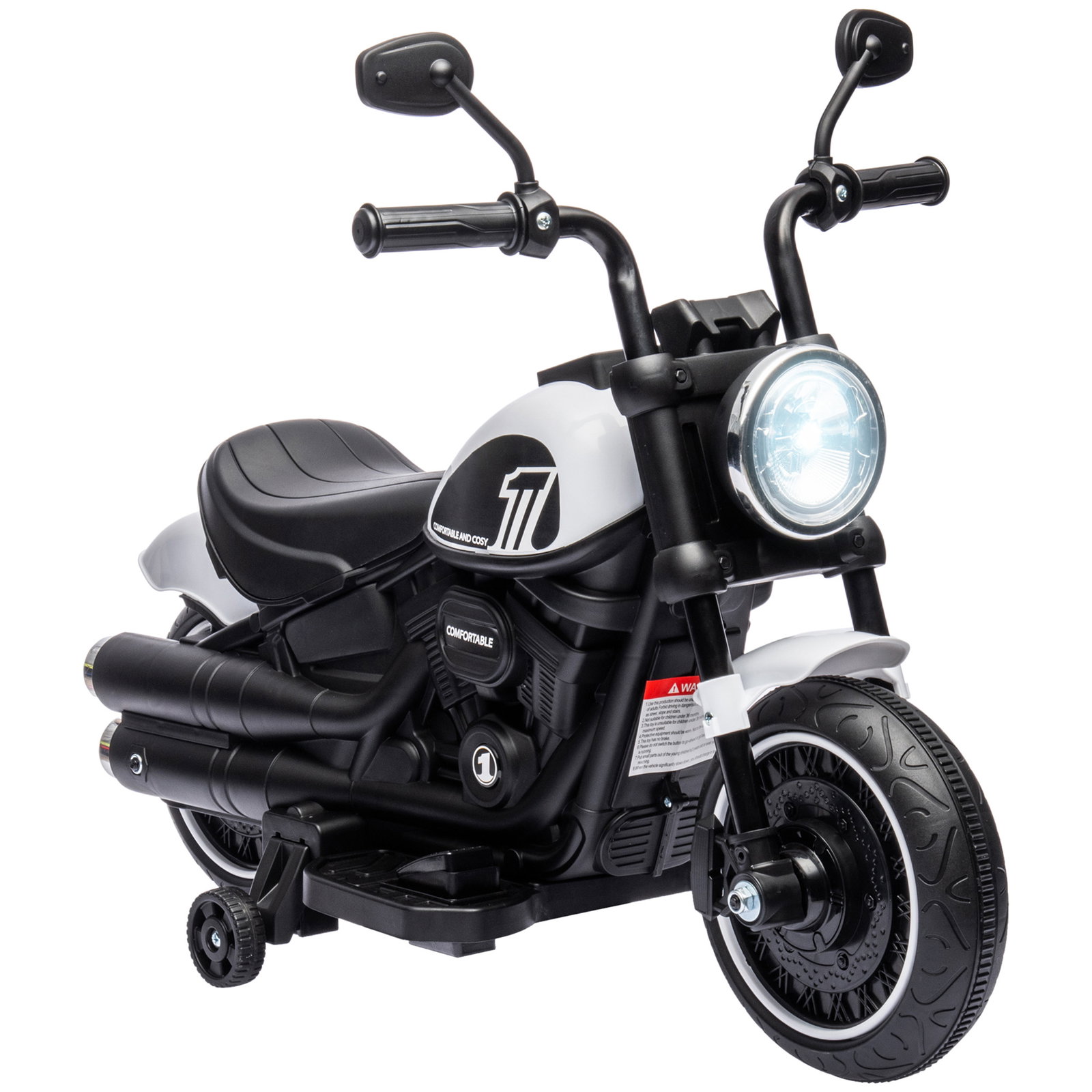 Motocicleta elétrica para crianças de 18-36 meses com bateria 6v farol e rodas auxiliares removíveis 76x42x57 cm branca