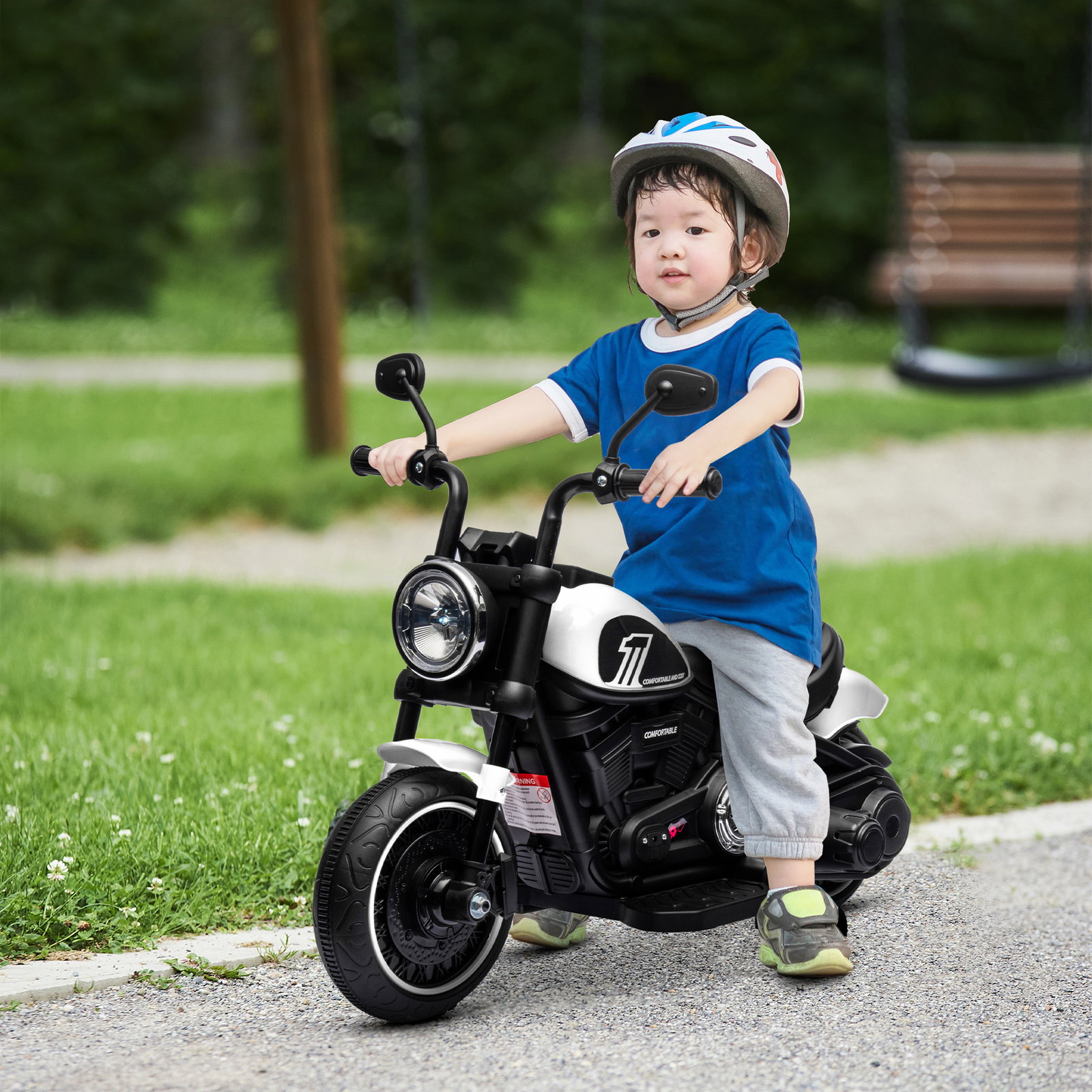Motocicleta elétrica para crianças de 18-36 meses com bateria 6v farol e rodas auxiliares removíveis 76x42x57 cm branca
