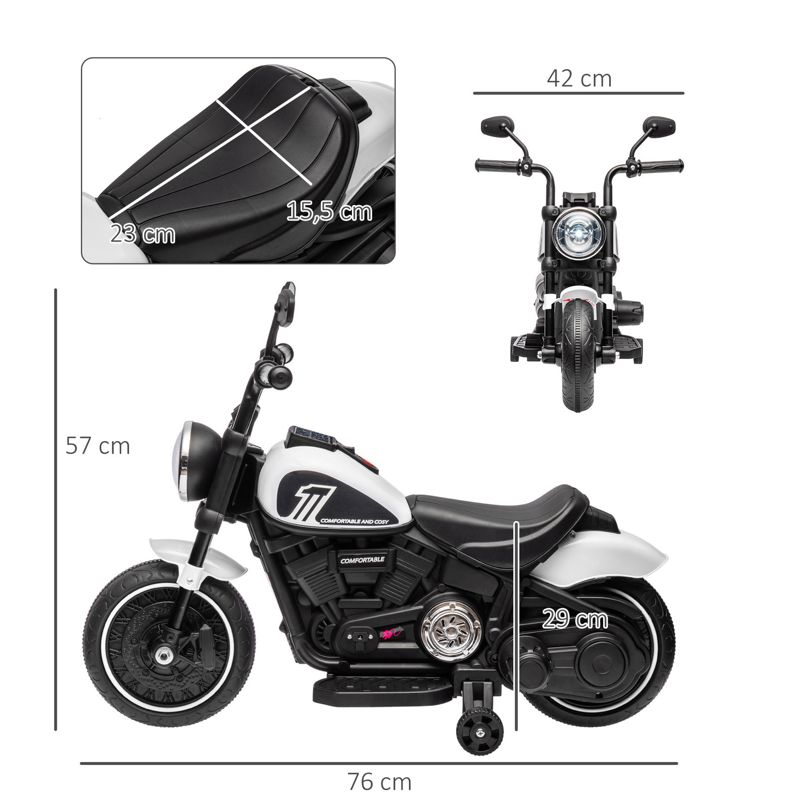 Motocicleta elétrica para crianças de 18-36 meses com bateria 6v farol e rodas auxiliares removíveis 76x42x57 cm branca