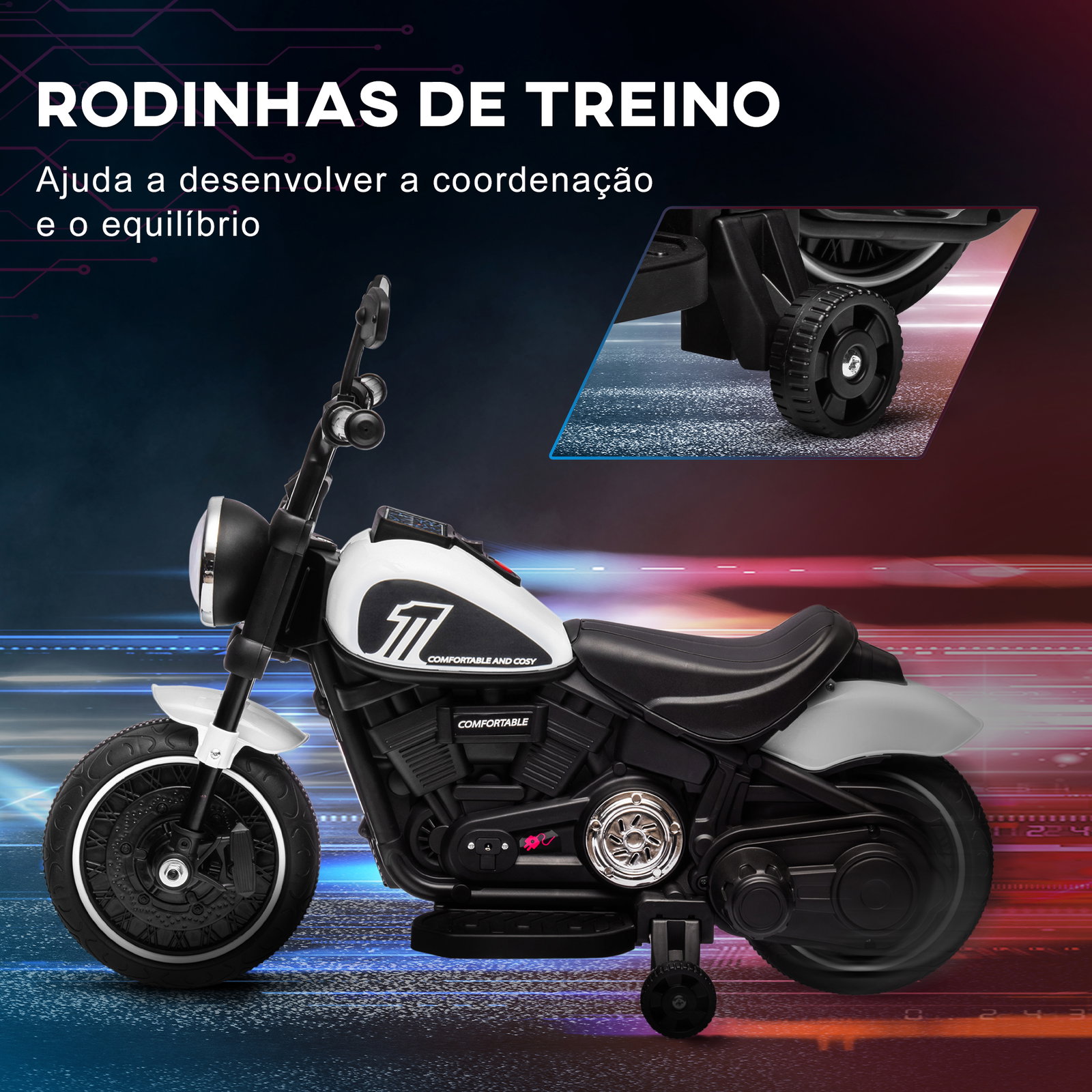 Motocicleta elétrica para crianças de 18-36 meses com bateria 6v farol e rodas auxiliares removíveis 76x42x57 cm branca