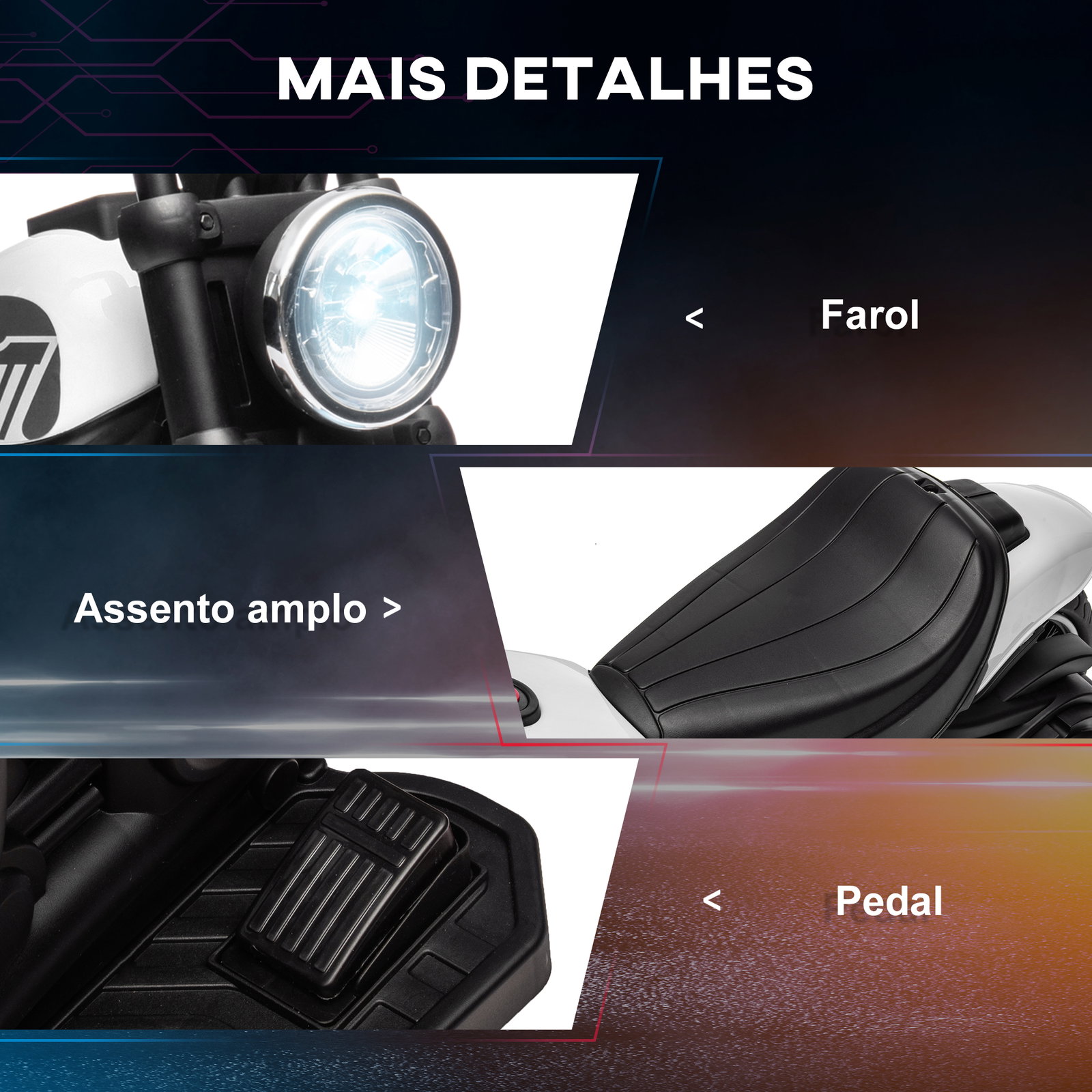 Motocicleta elétrica para crianças de 18-36 meses com bateria 6v farol e rodas auxiliares removíveis 76x42x57 cm branca