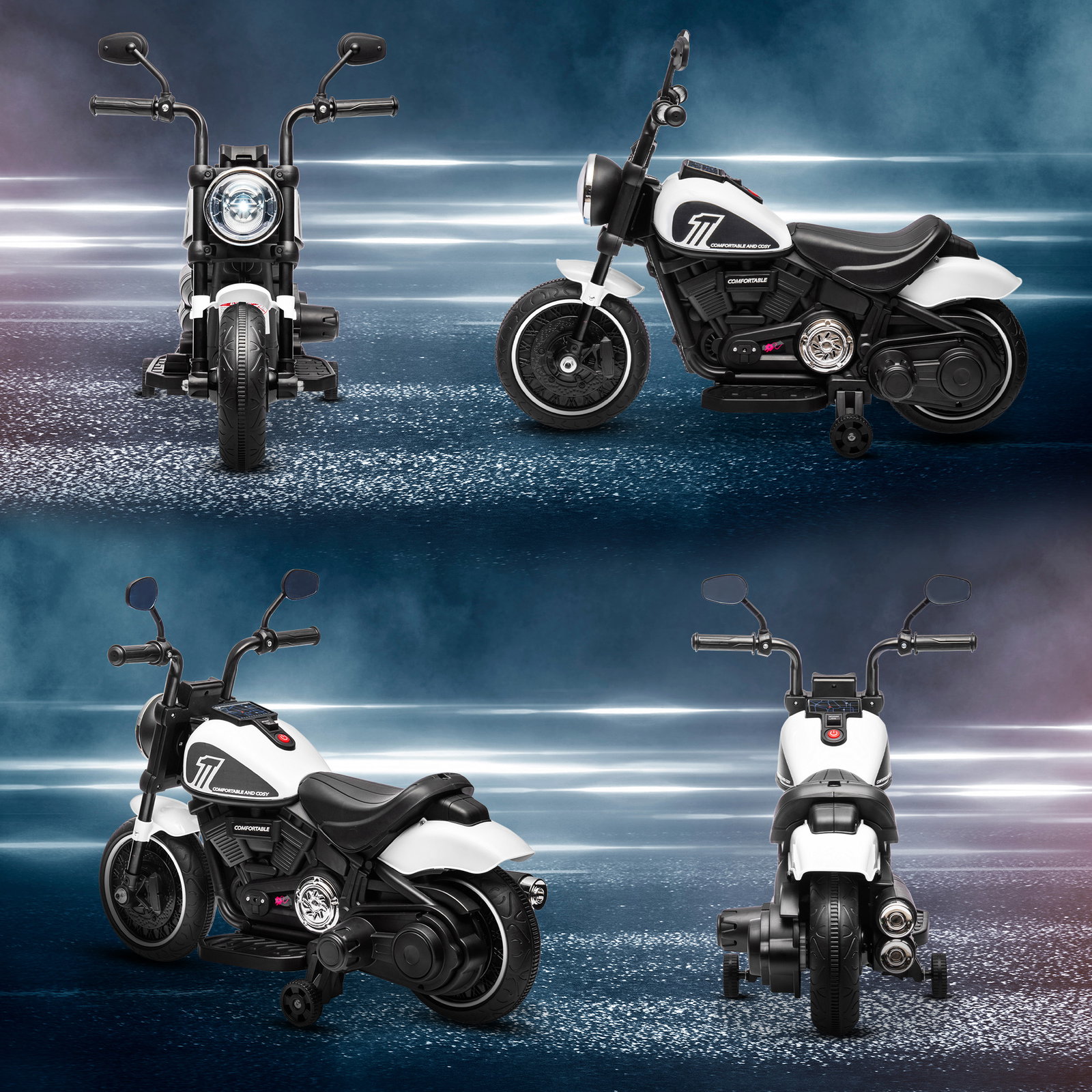 Motocicleta elétrica para crianças de 18-36 meses com bateria 6v farol e rodas auxiliares removíveis 76x42x57 cm branca