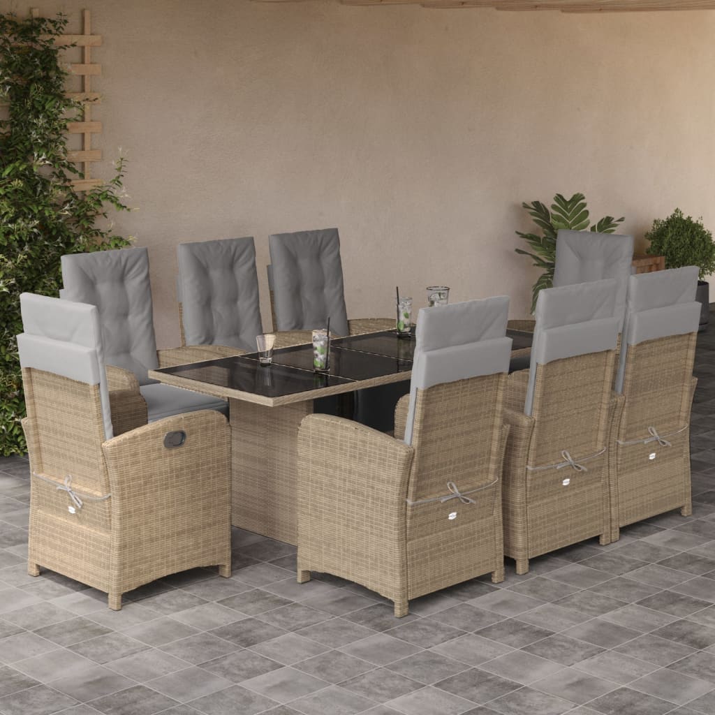 9 Pcs conjunto de jantar p/ jardim com almofadões vime PE bege