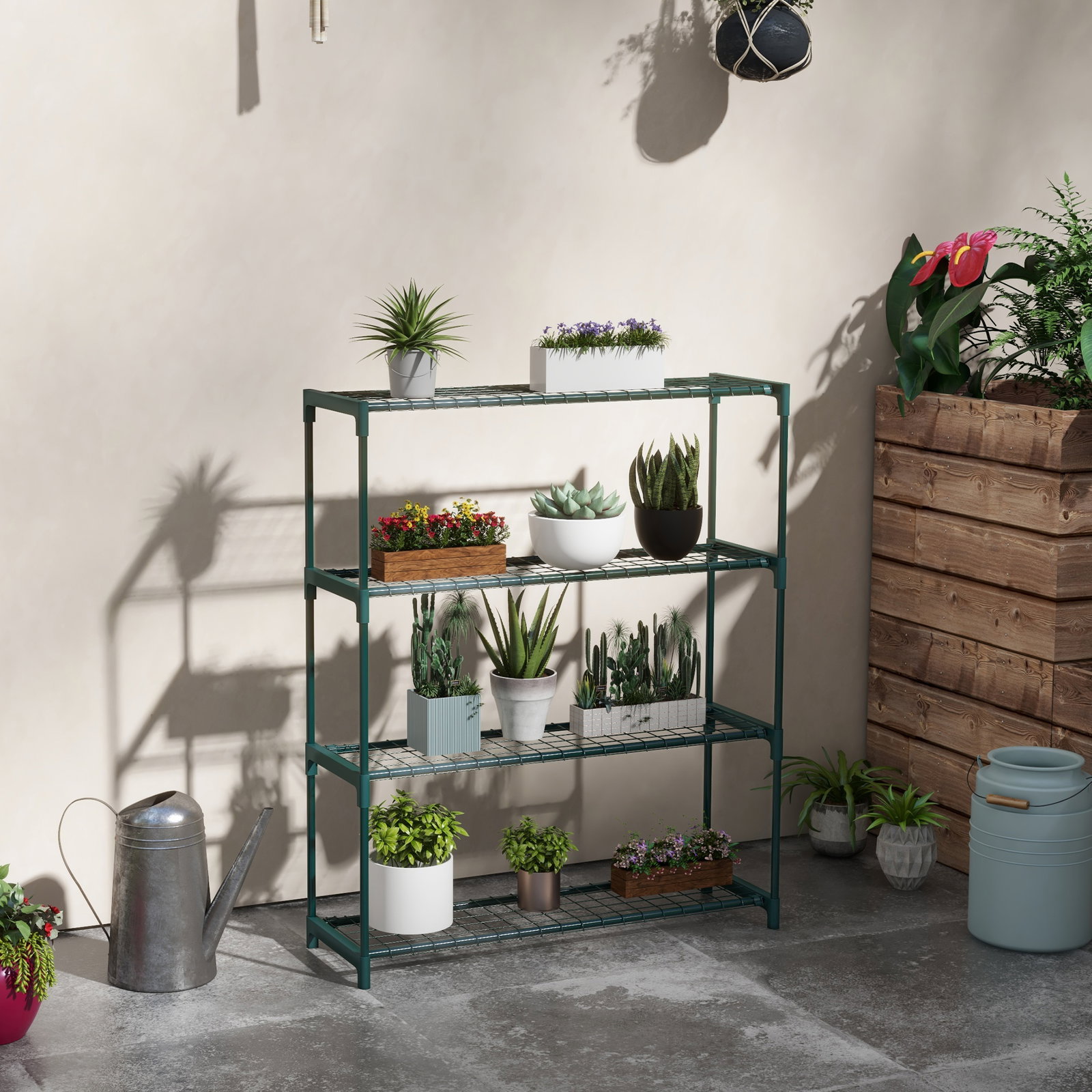 Suporte para plantas suporte para vasos de plantas de 4 níveis com estrutura de aço 89x28x107 cm verde escuro