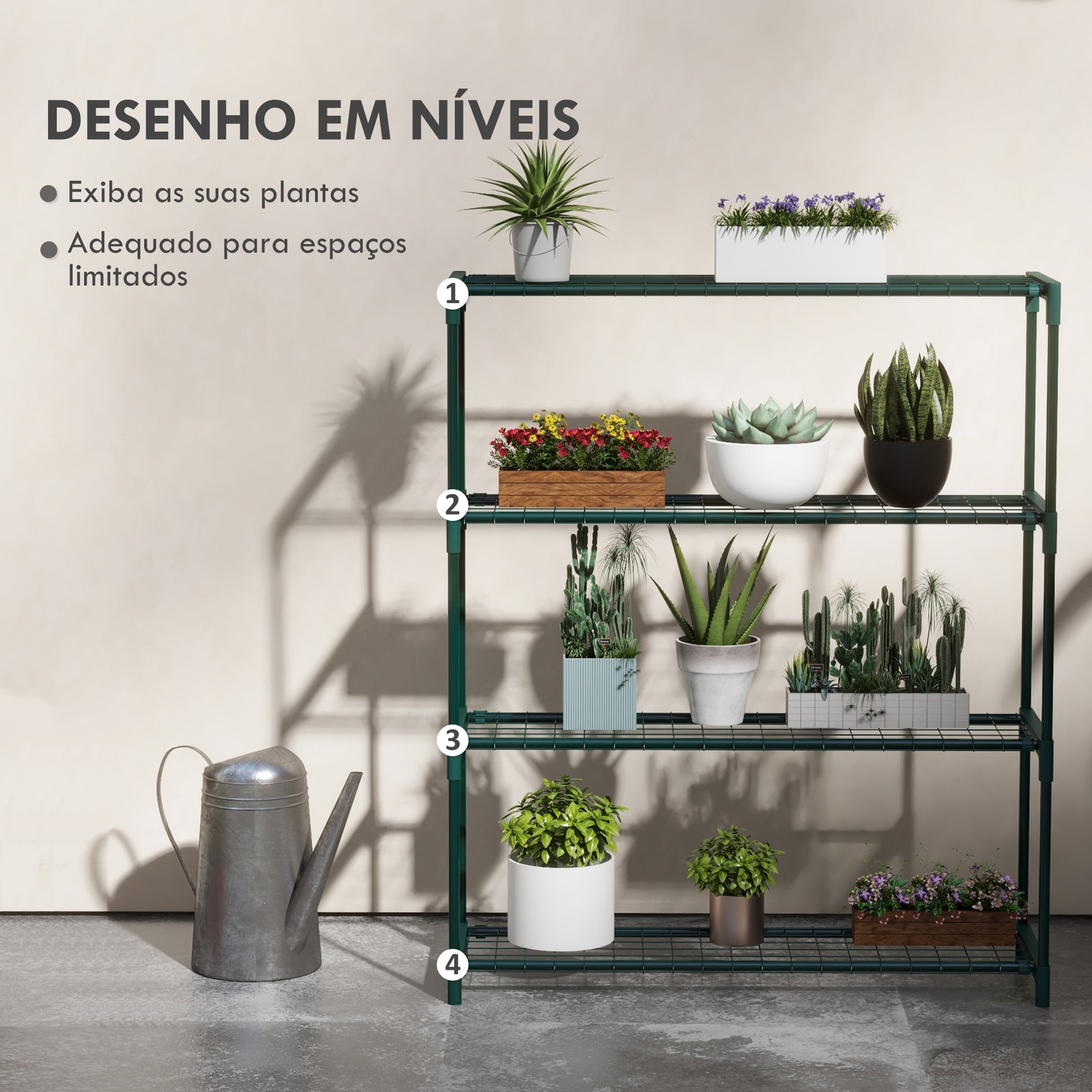 Suporte para plantas suporte para vasos de plantas de 4 níveis com estrutura de aço 89x28x107 cm verde escuro