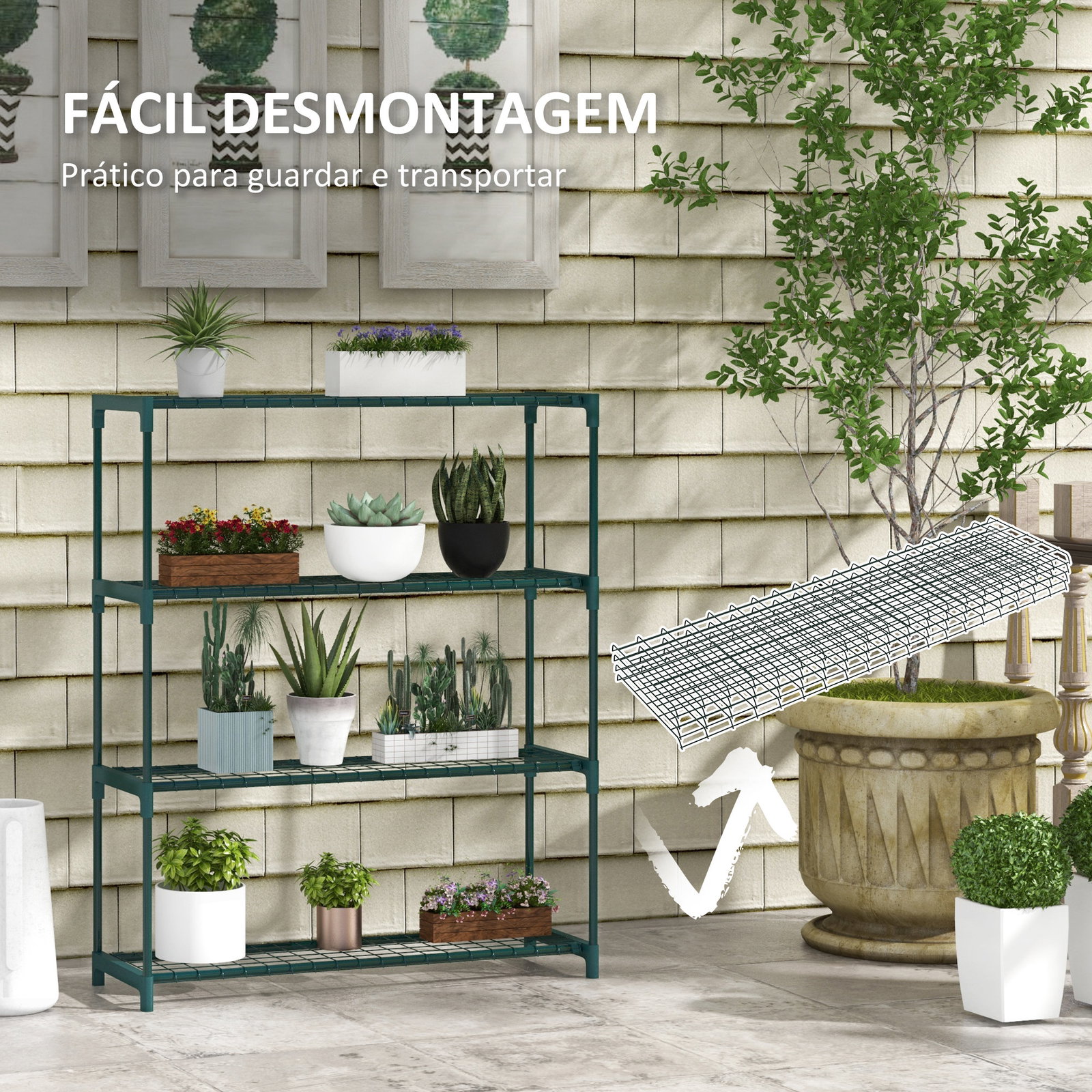 Suporte para plantas suporte para vasos de plantas de 4 níveis com estrutura de aço 89x28x107 cm verde escuro