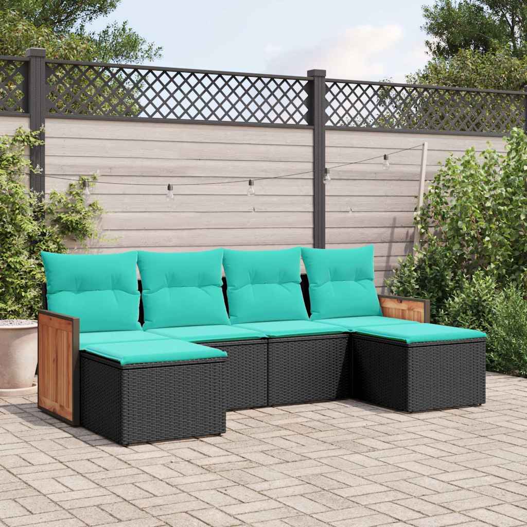 Conjunto de sofá de jardim com 6 peças e almofadas em rattan sintético preto