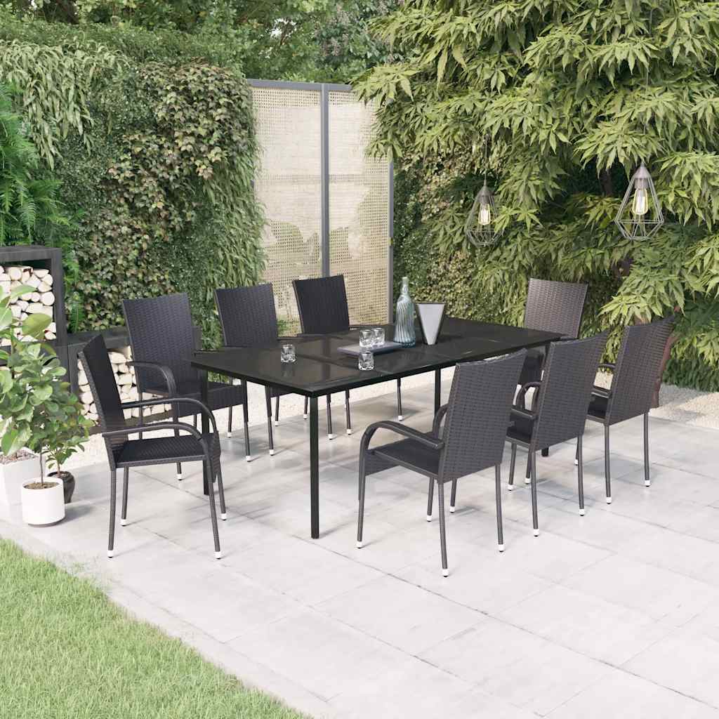 9 Pcs conjunto de jantar para jardim preto
