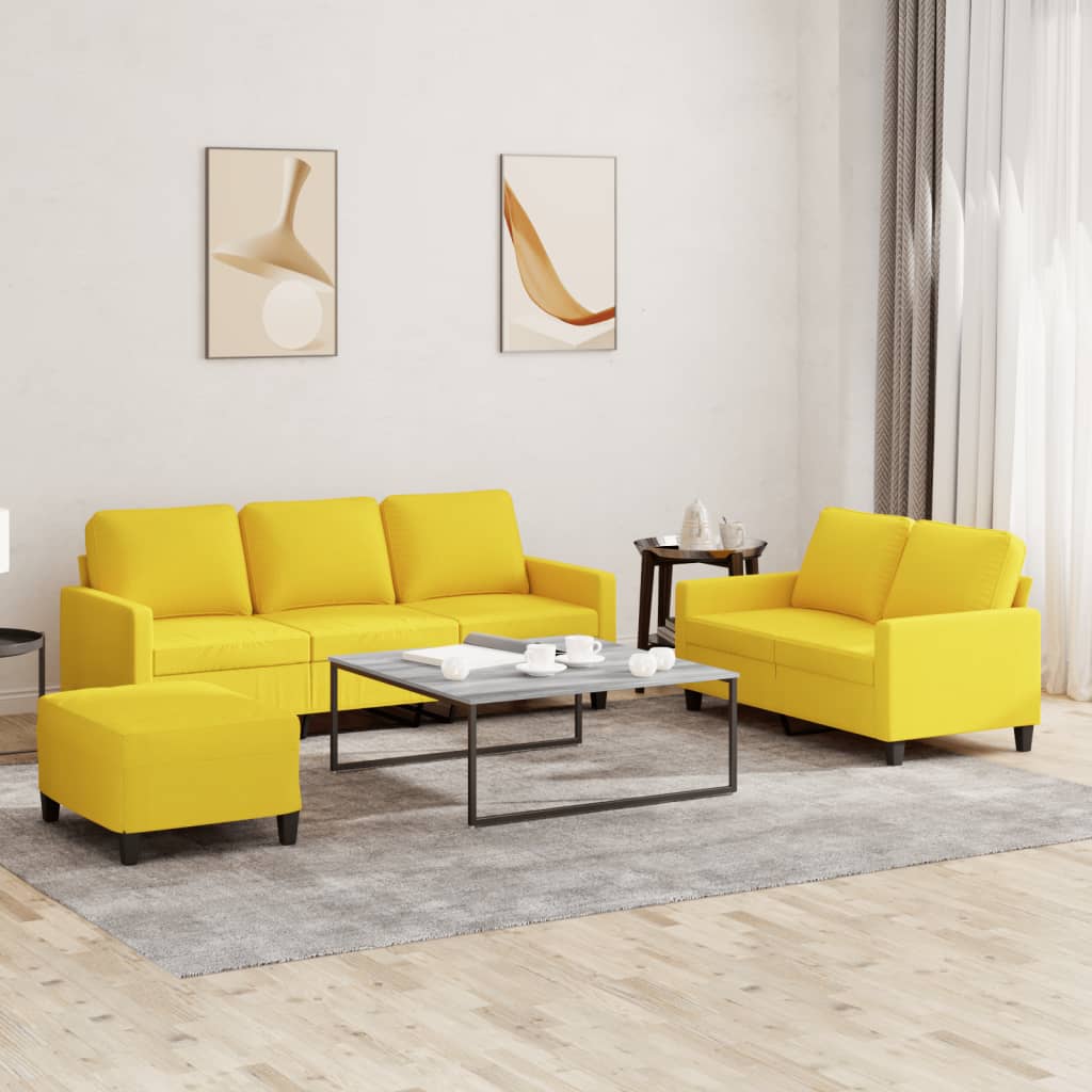 3 Pcs conjunto de sofás com almofadões tecido amarelo-claro