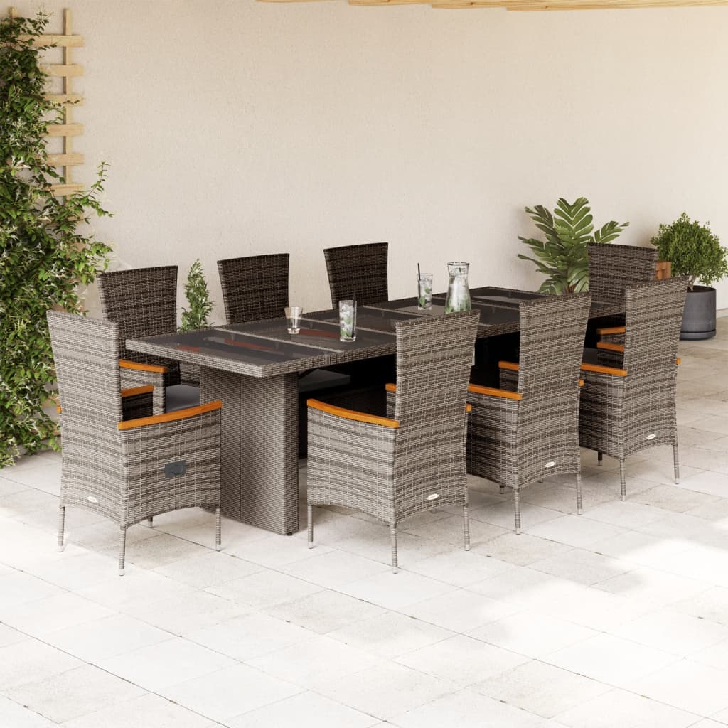 9 Pcs conjunto de jantar p/ jardim c/ almofadões vime PE cinza