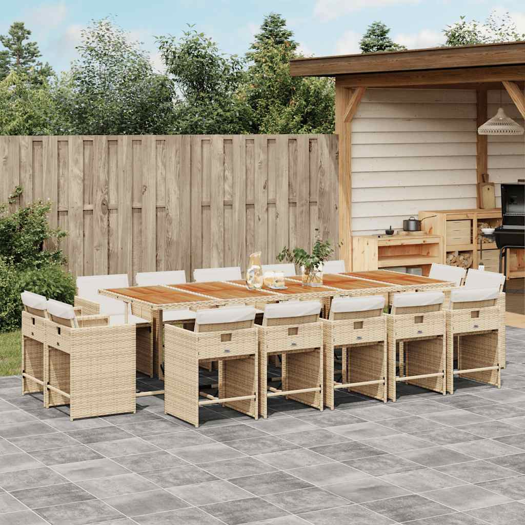 15 Pcs conjunto de jantar p/ jardim com almofadões vime PE bege