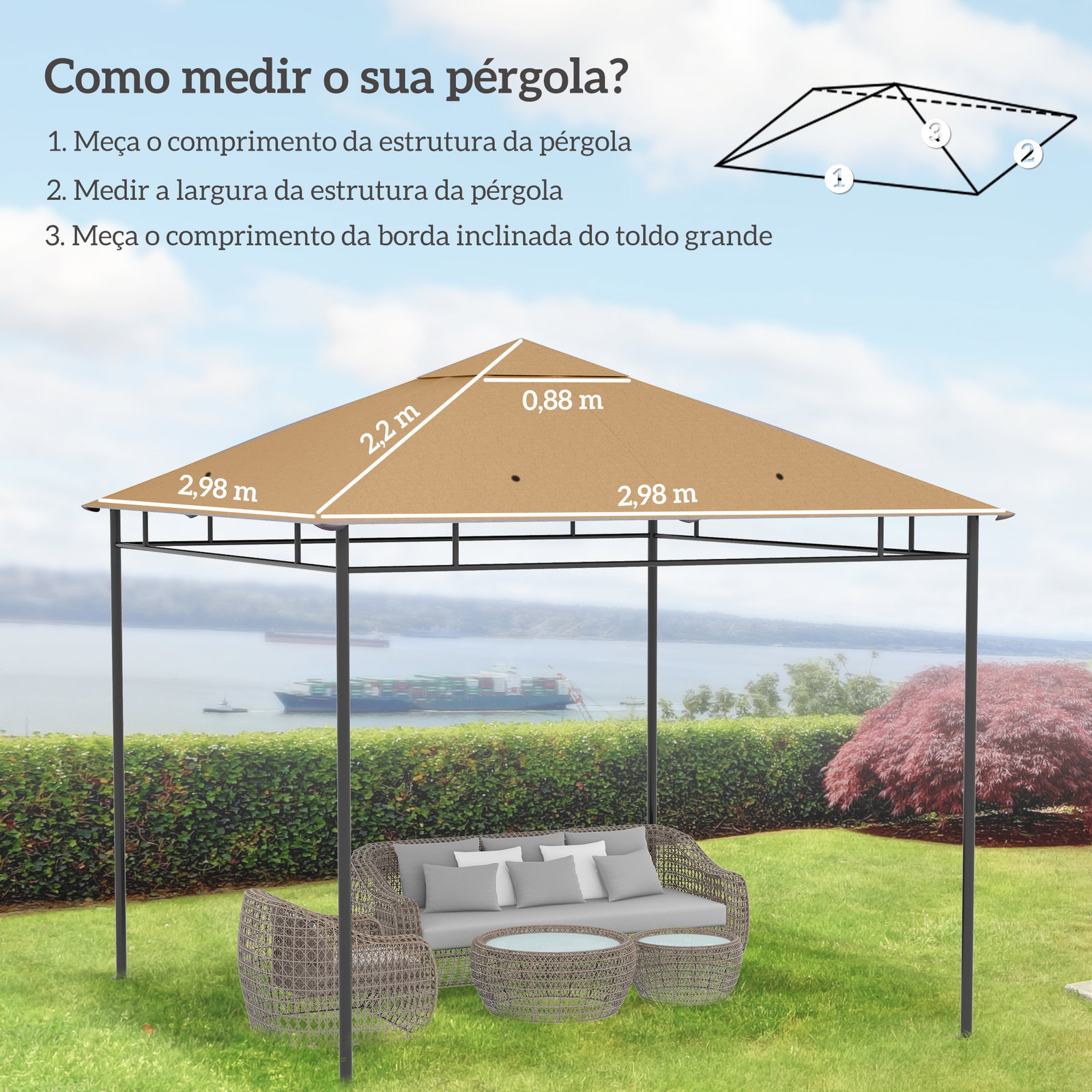 Toldo de Substituição de 3x3m para Pérgola de Jardim com 8 Orifícios de Drenagem e Ventilação Bege