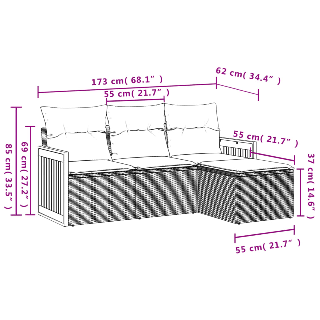 4 Pcs conjunto sofás de jardim c/ almofadões vime PE cinzento