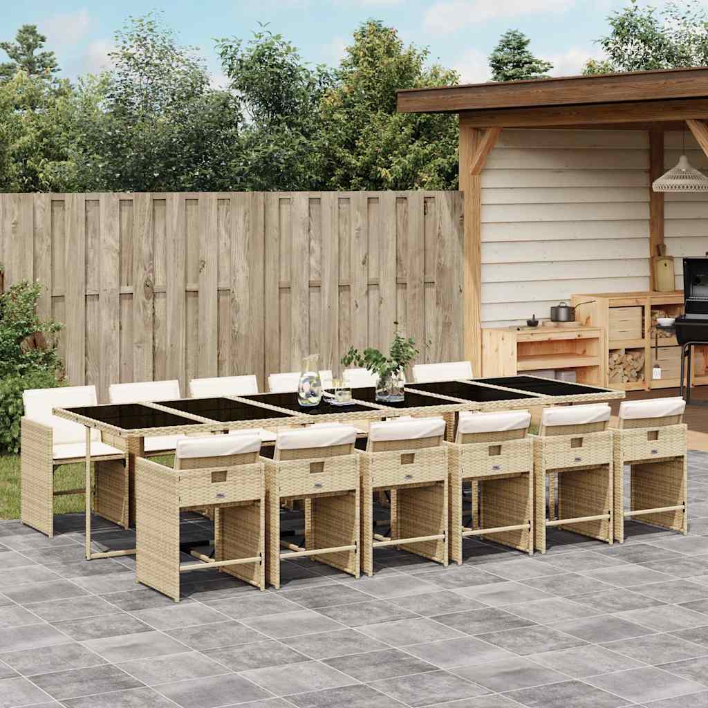 13 Pcs conjunto de jantar p/ jardim com almofadões vime PE bege