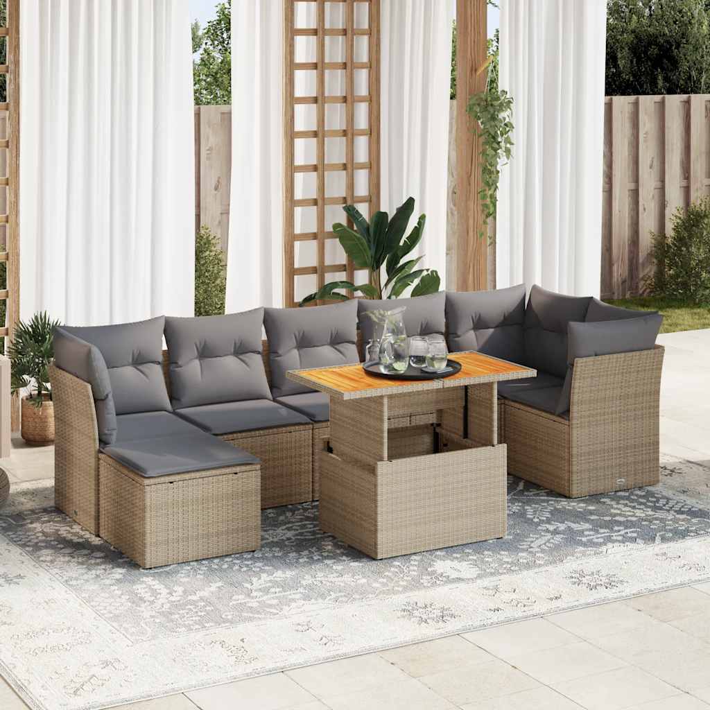 8 Pcs conjunto de sofás p/ jardim com almofadões vime PE bege
