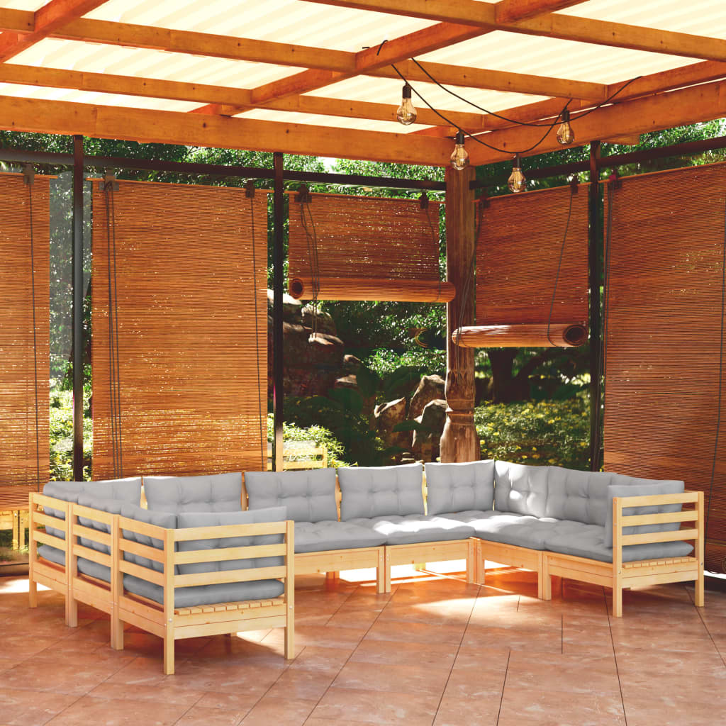 9 Pcs conjunto lounge de jardim c/ almofadões cinzentos pinho