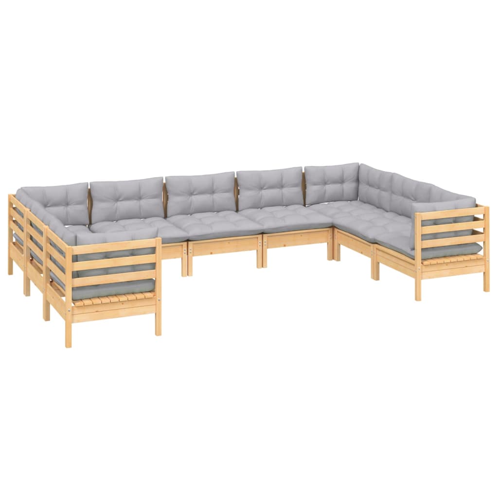 9 Pcs conjunto lounge de jardim c/ almofadões cinzentos pinho