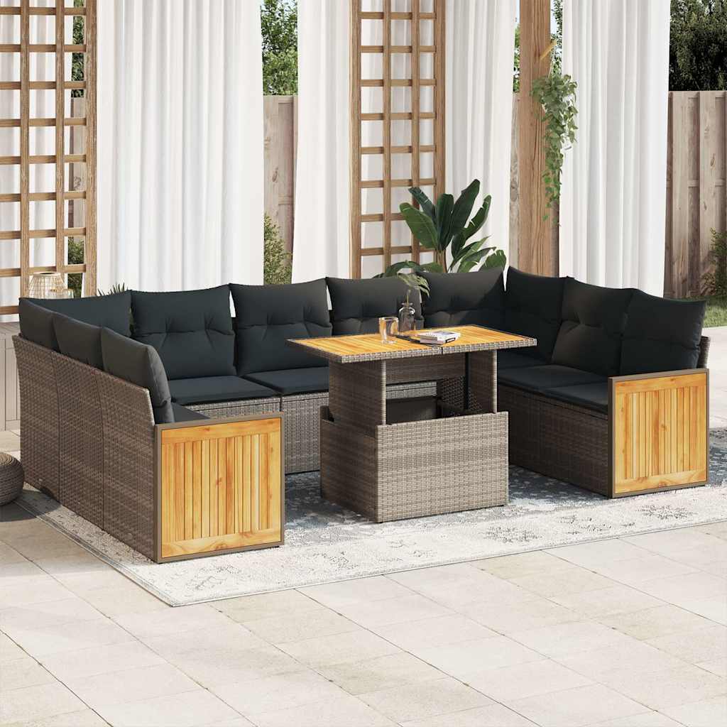 10 Pcs conjunto sofás jardim almofadões vime PE/acácia cinzento