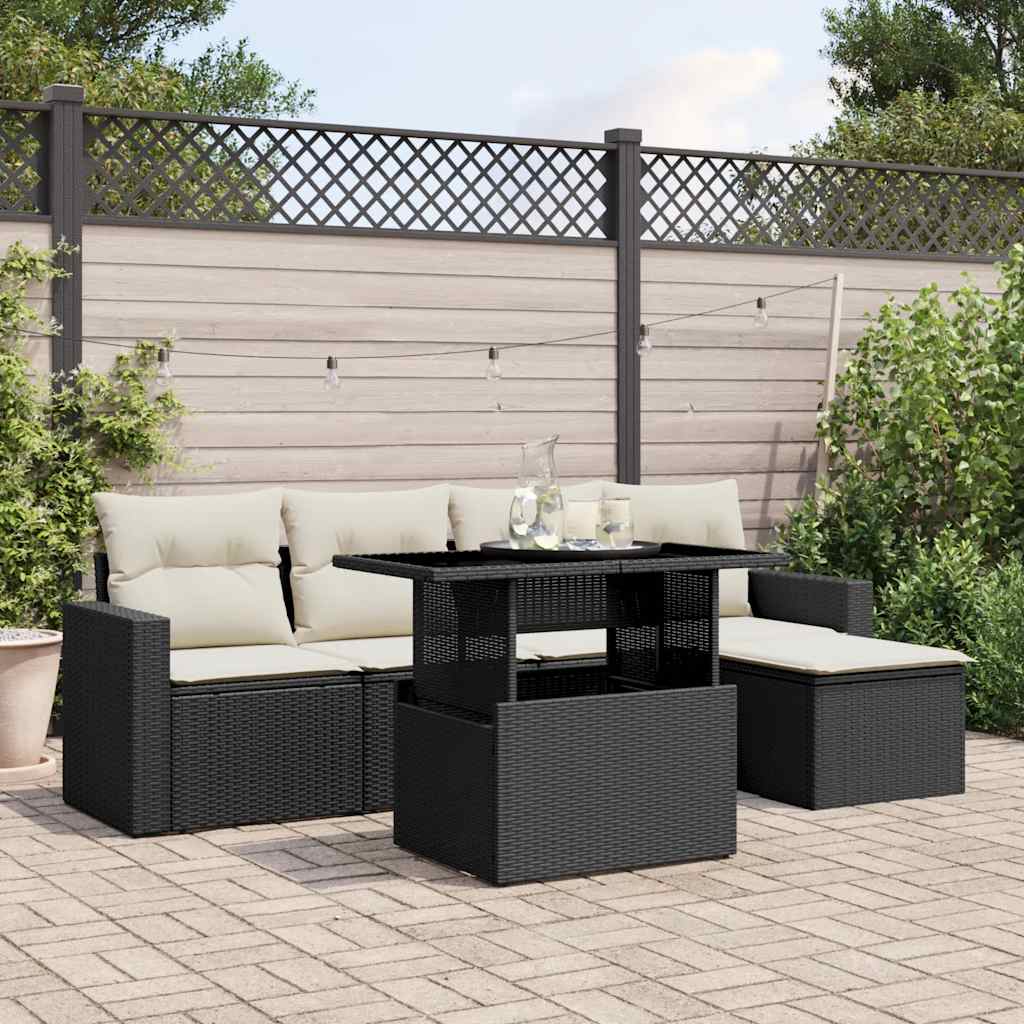 6 Pcs conjunto sofás de jardim c/ almofadões vime PE preto