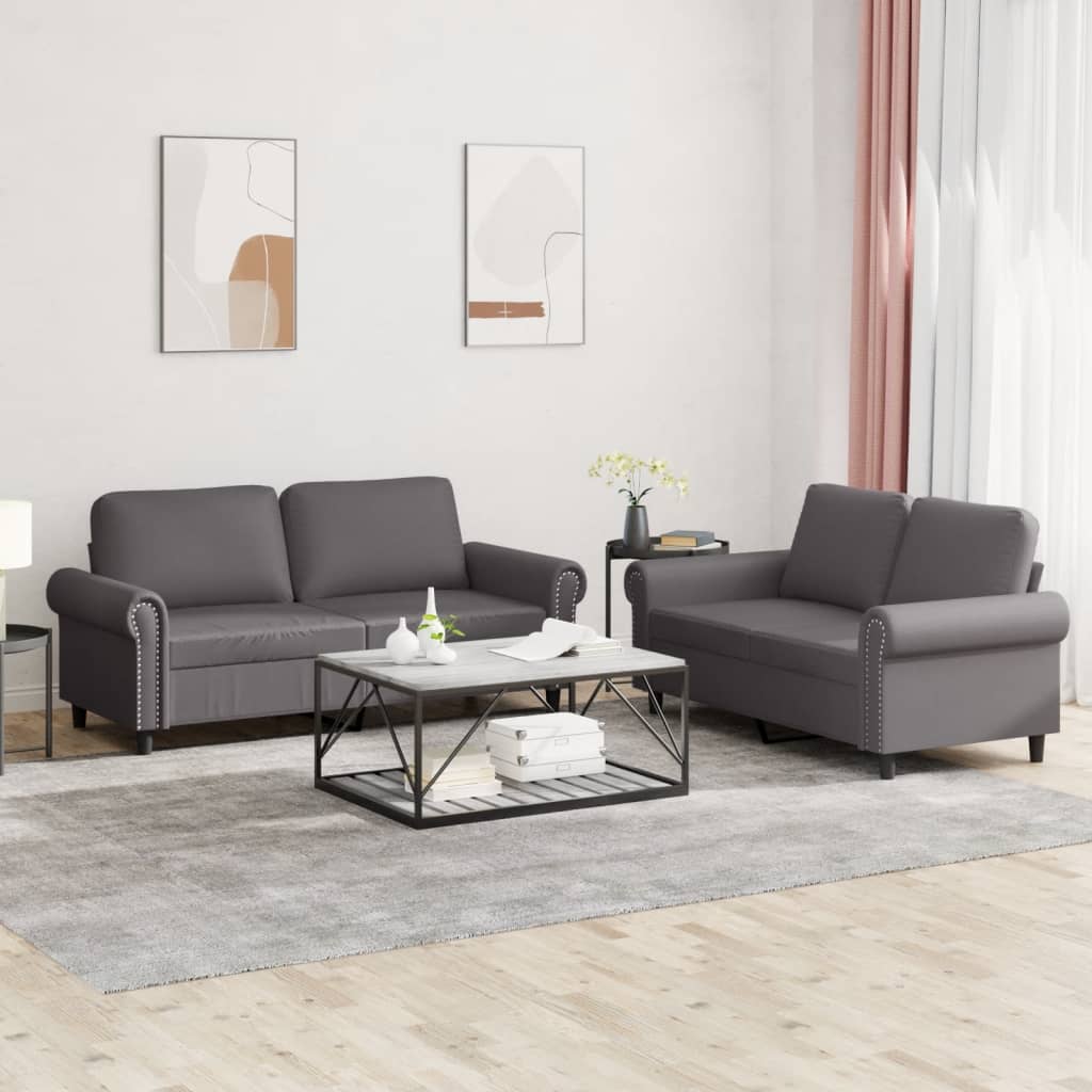 2 Pcs conjunto de sofás c/ almofadões couro artificial cinzento