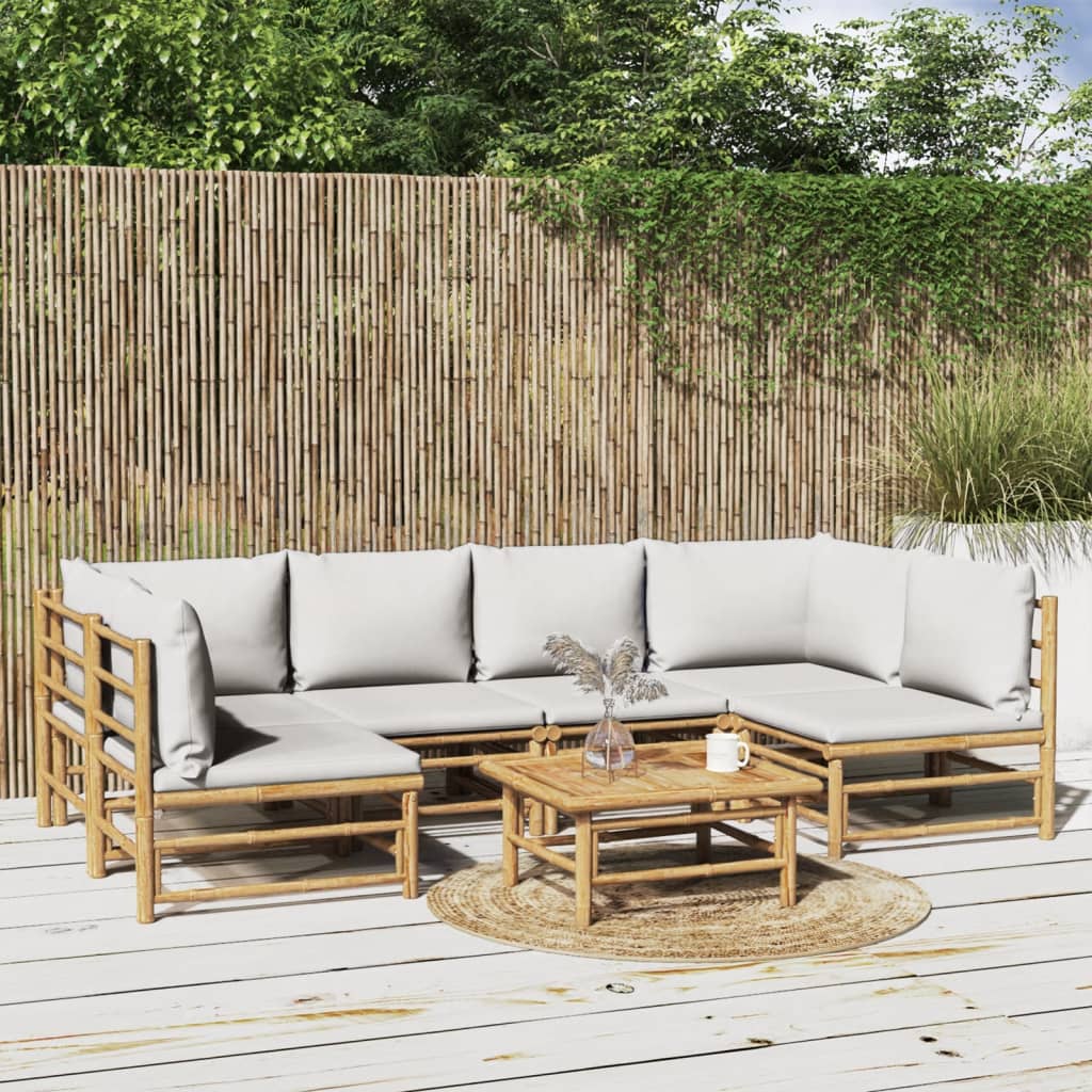 7 Pcs conj. lounge de jardim bambu c/ almofadões cinzento-claro