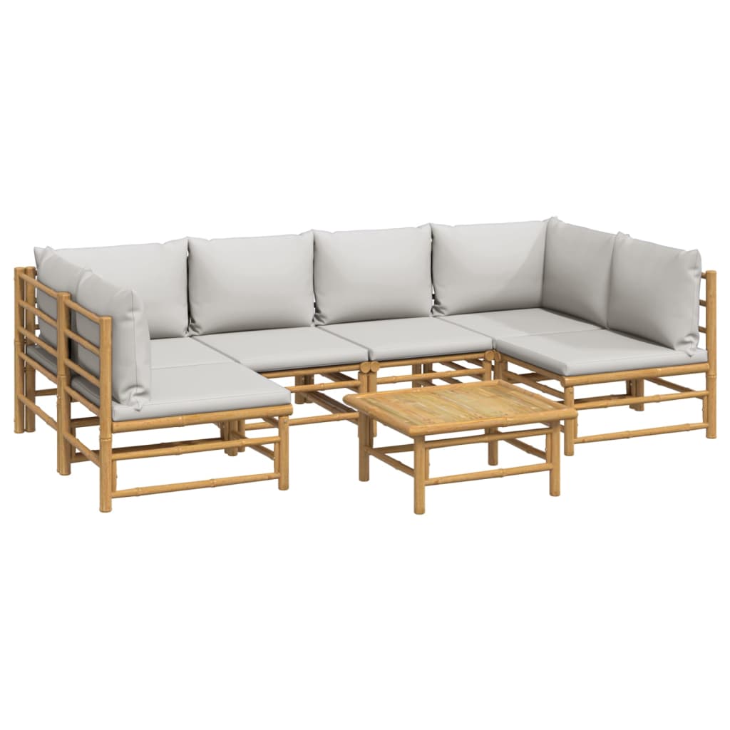 7 Pcs conj. lounge de jardim bambu c/ almofadões cinzento-claro