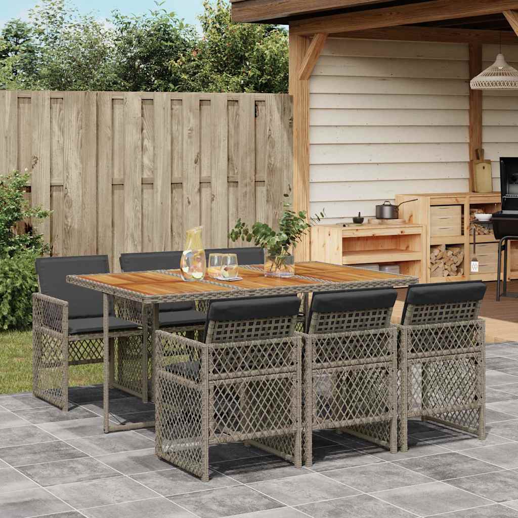 7 Pcs conjunto de jantar p/ jardim c/ almofadões vime PE cinza