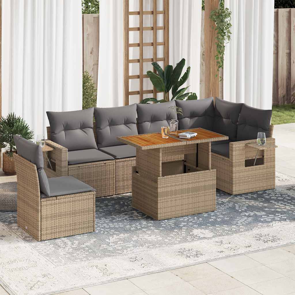7 Pcs conjunto de sofás p/ jardim com almofadões vime PE bege