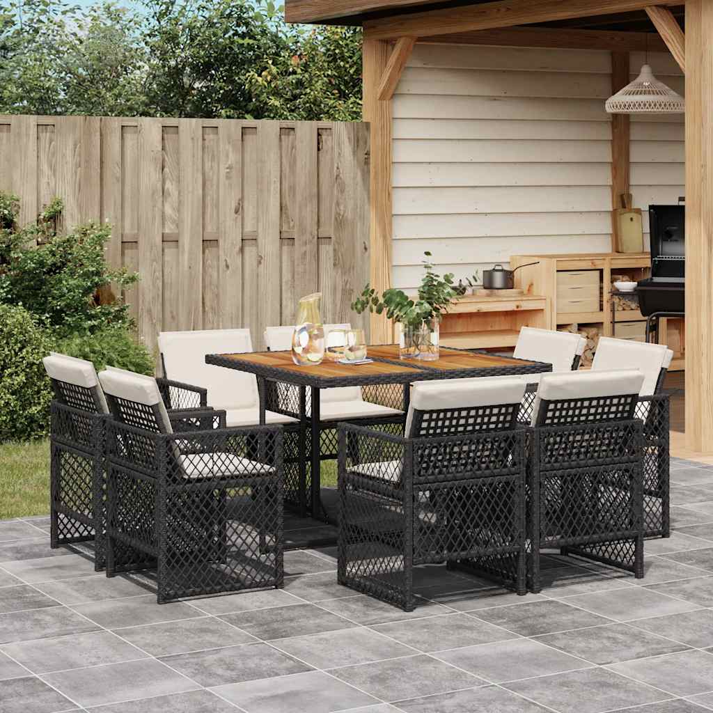 9 Pcs conjunto de jantar p/ jardim c/ almofadões vime PE preto