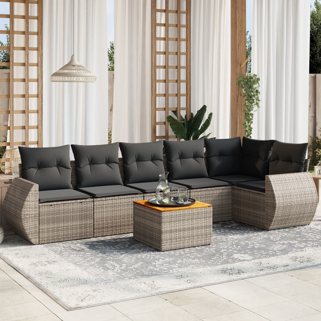 7 Pcs conjunto sofás p/ jardim c/ almofadões vime PE cinzento