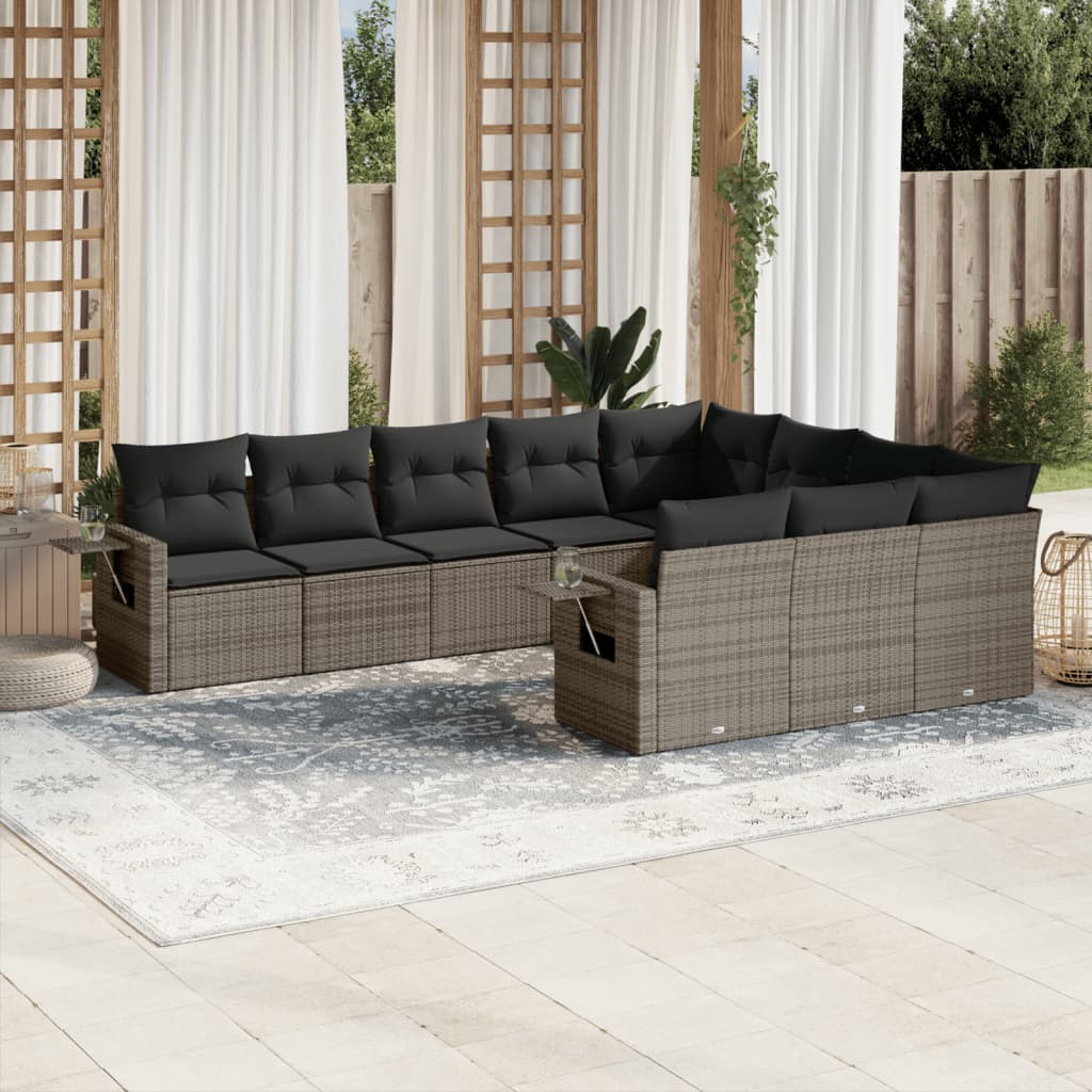 10 Pcs conjunto sofás de jardim c/ almofadões vime PE cinzento
