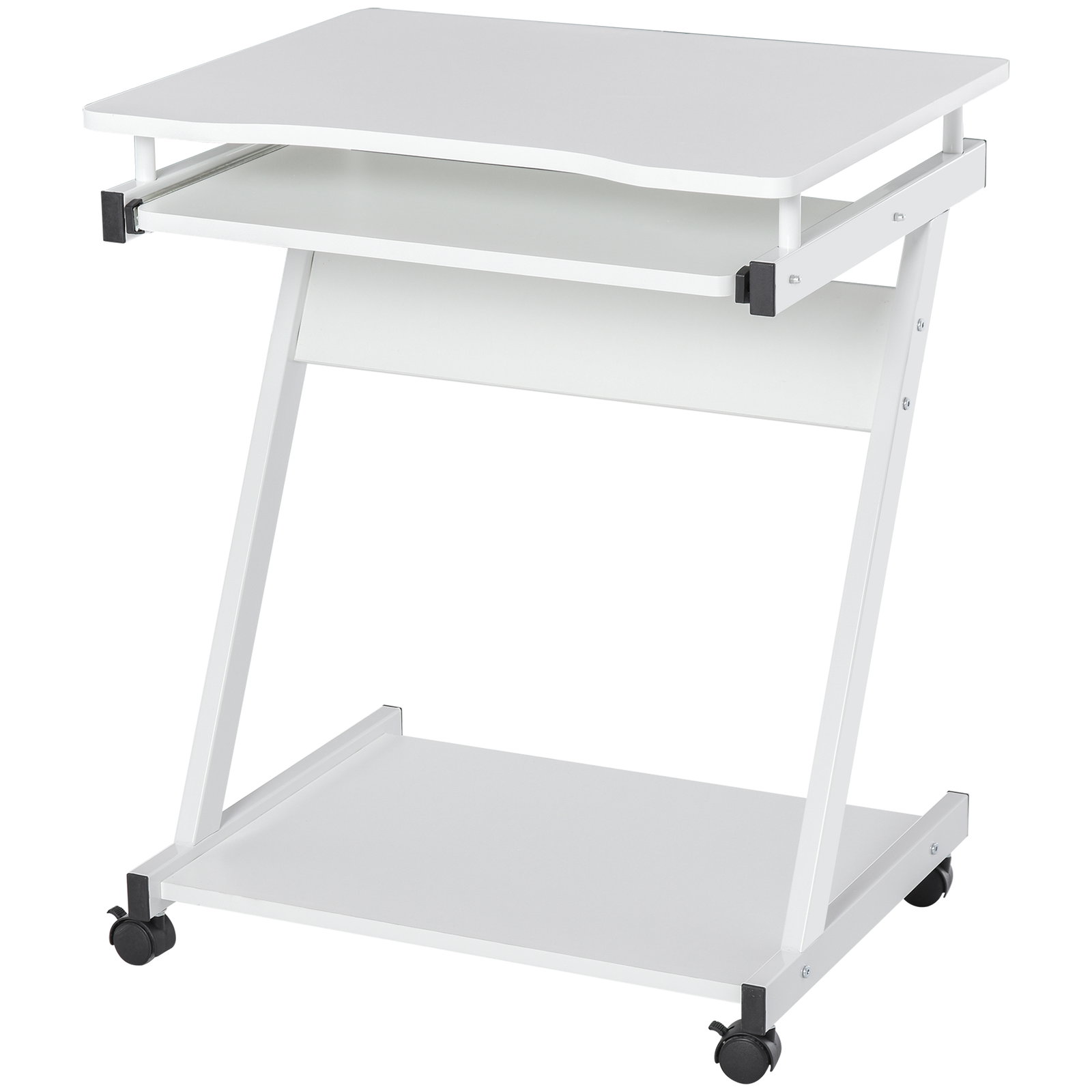 Mesa de computador com rodas 60x48 cm com gaveta deslizante para teclado e prateleira inferior estrutura metálica branca