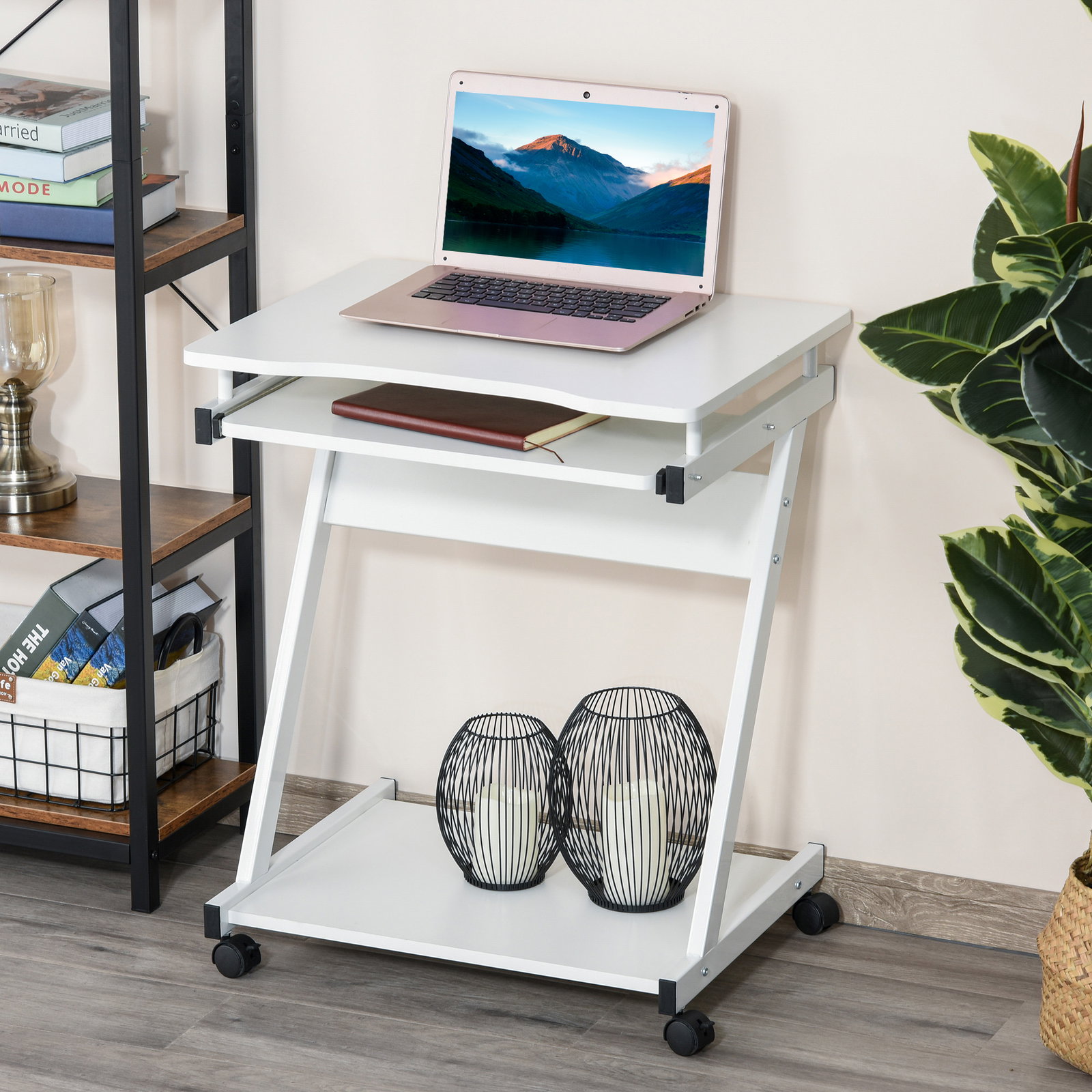 Mesa de computador com rodas 60x48 cm com gaveta deslizante para teclado e prateleira inferior estrutura metálica branca