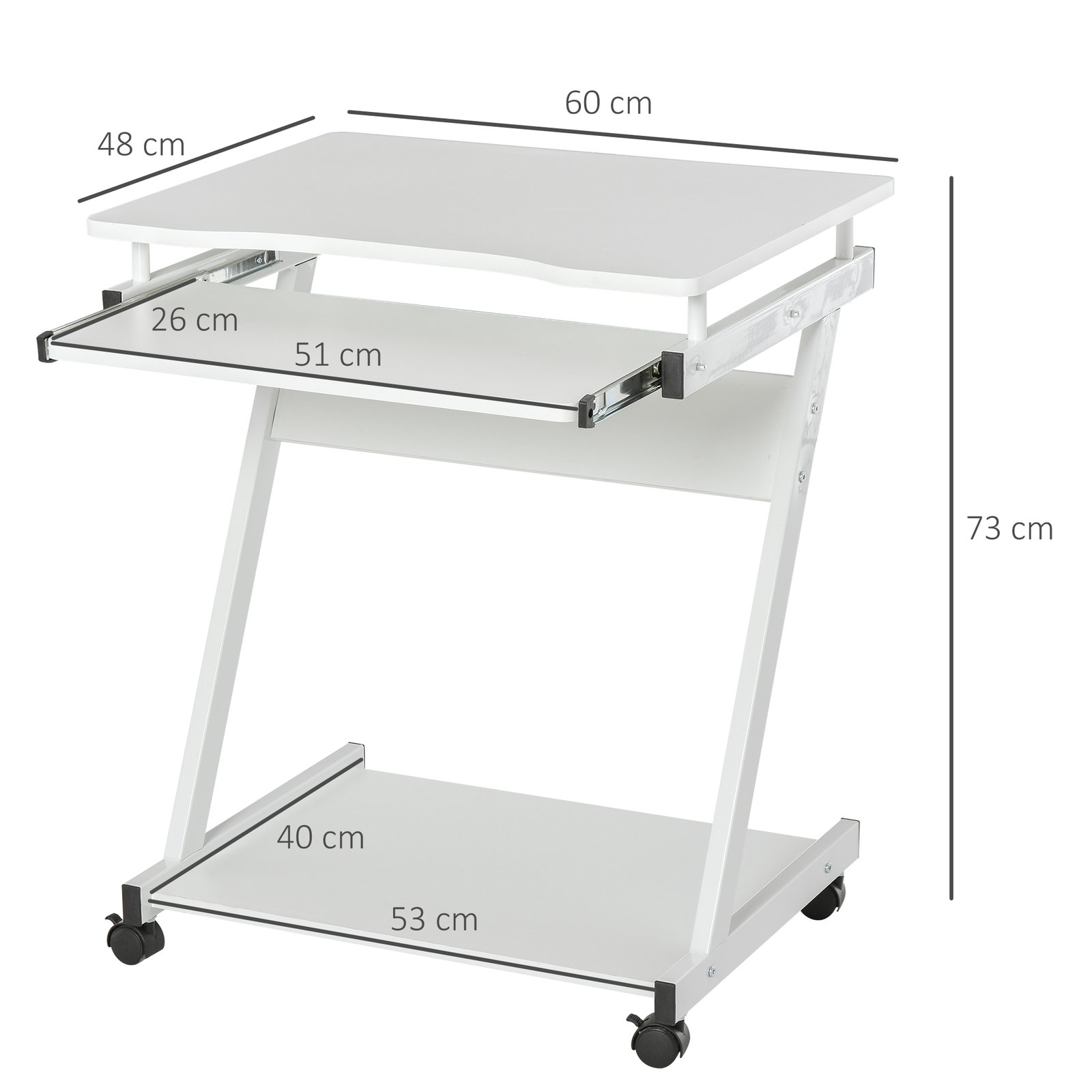 Mesa de computador com rodas 60x48 cm com gaveta deslizante para teclado e prateleira inferior estrutura metálica branca
