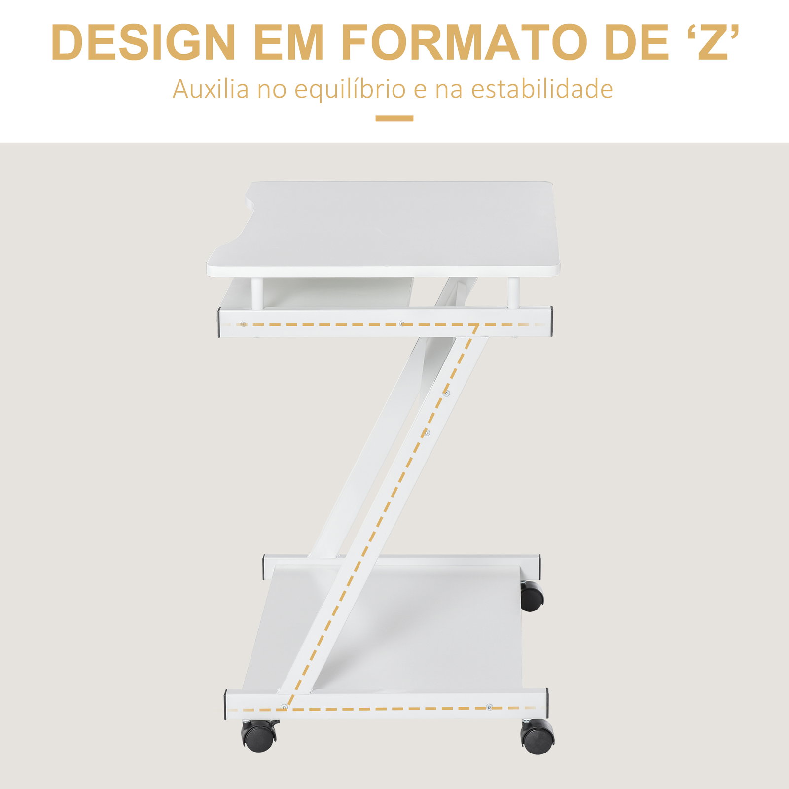 Mesa de computador com rodas 60x48 cm com gaveta deslizante para teclado e prateleira inferior estrutura metálica branca