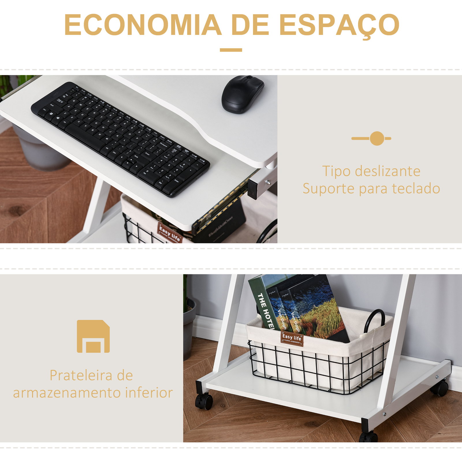 Mesa de computador com rodas 60x48 cm com gaveta deslizante para teclado e prateleira inferior estrutura metálica branca
