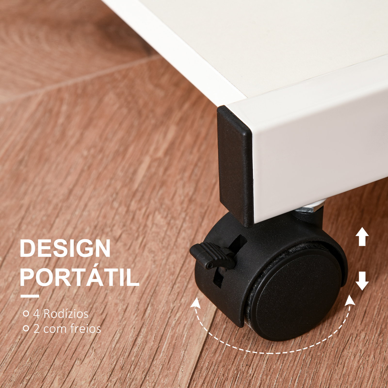 Mesa de computador com rodas 60x48 cm com gaveta deslizante para teclado e prateleira inferior estrutura metálica branca