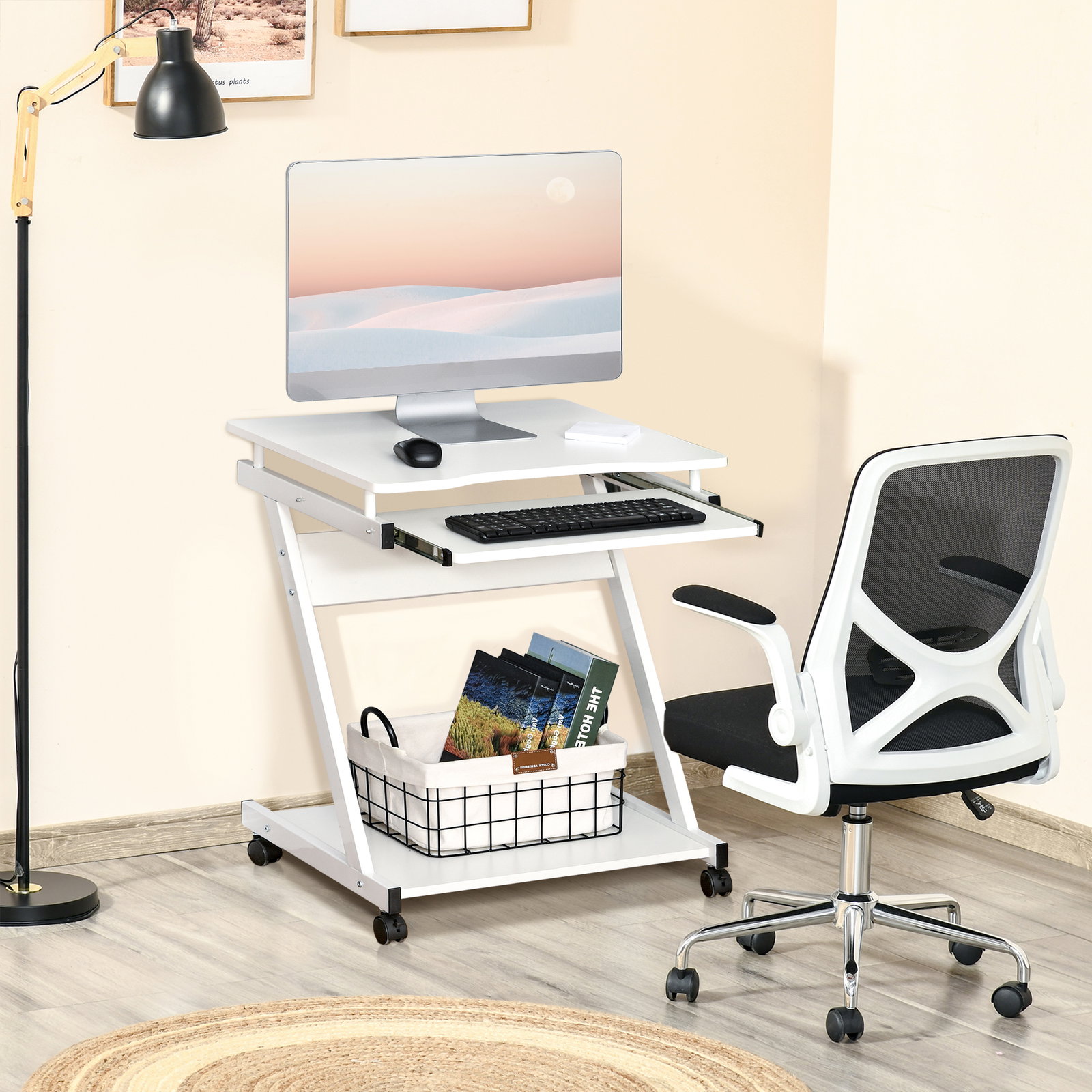 Mesa de computador com rodas 60x48 cm com gaveta deslizante para teclado e prateleira inferior estrutura metálica branca