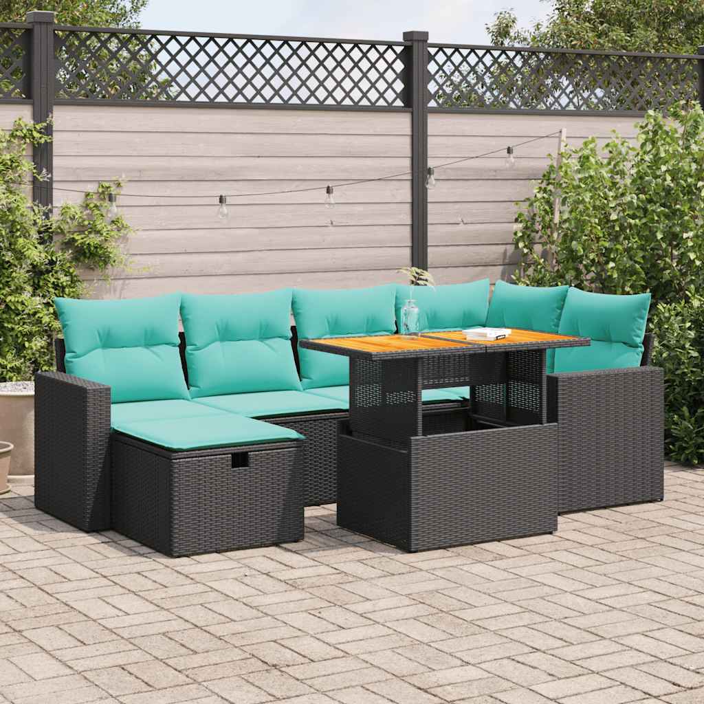 7 Pcs conj. sofás jardim c/ almofadões vime PE/acácia castanho