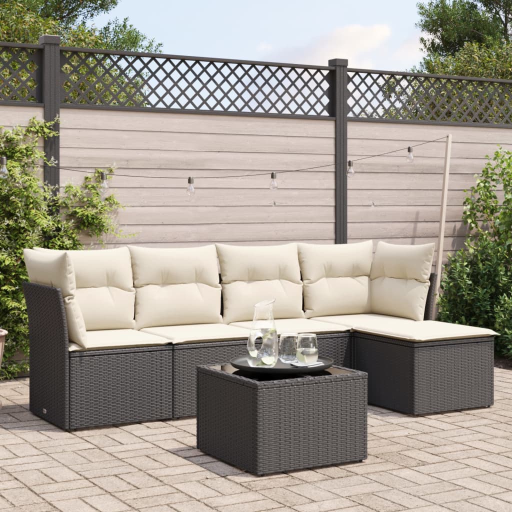 6 Pcs conjunto sofás de jardim c/ almofadões vime PE preto
