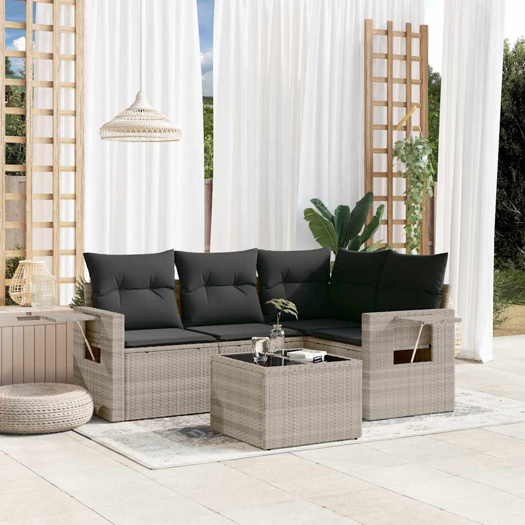 5 Pcs conj. sofás jardim c/ almofadões vime PE cinzento-claro