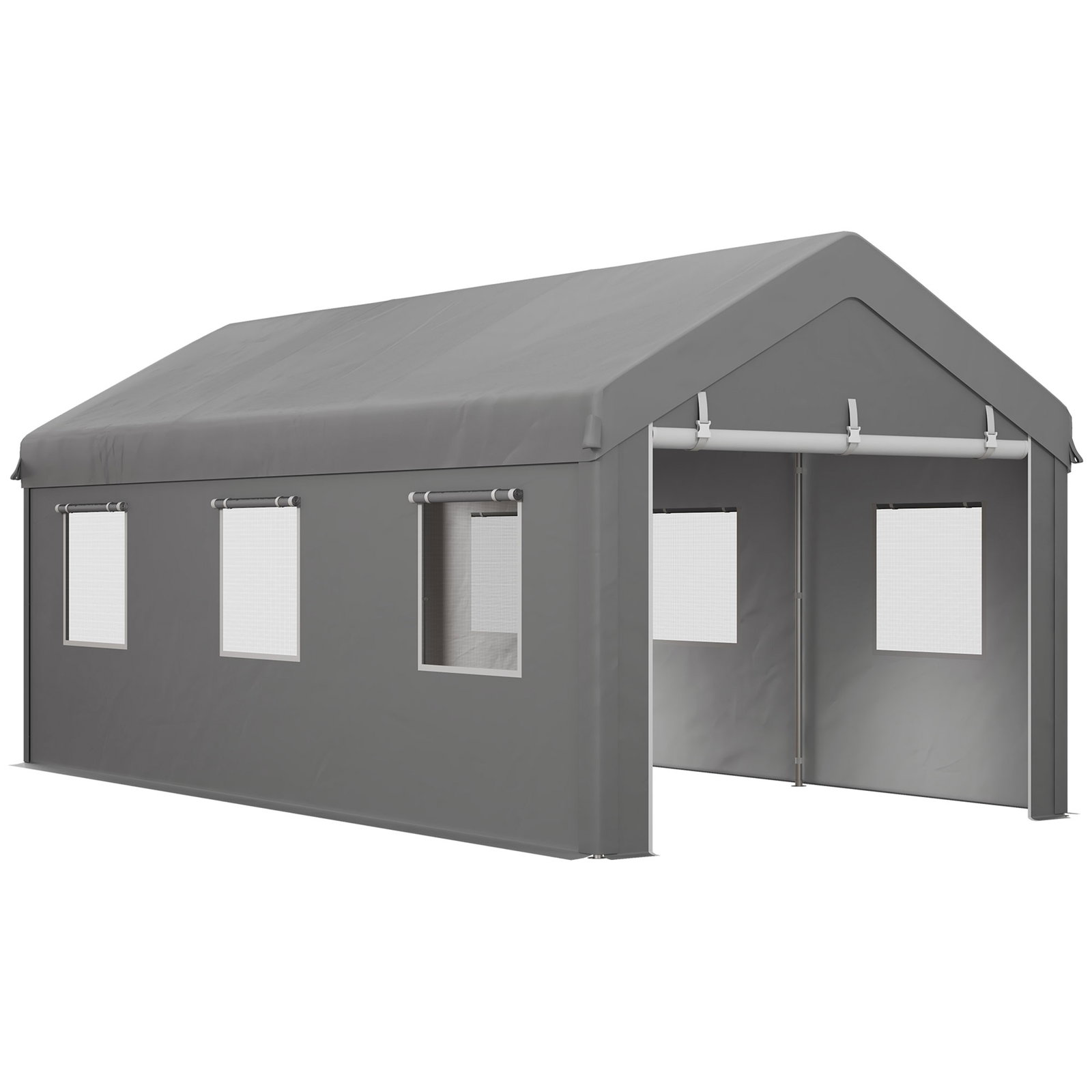 Tenda garagem 295x600x278 cm tenda de exterior resistente com 2 portas enroláveis e 6 janelas cinzento
