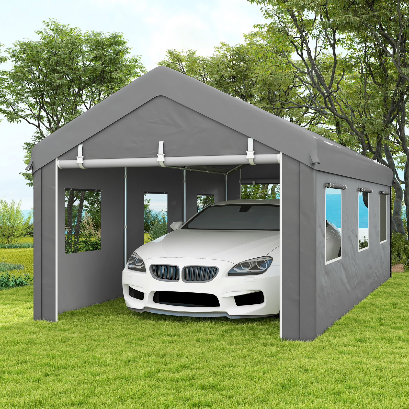 Tenda garagem 295x600x278 cm tenda de exterior resistente com 2 portas enroláveis e 6 janelas cinzento
