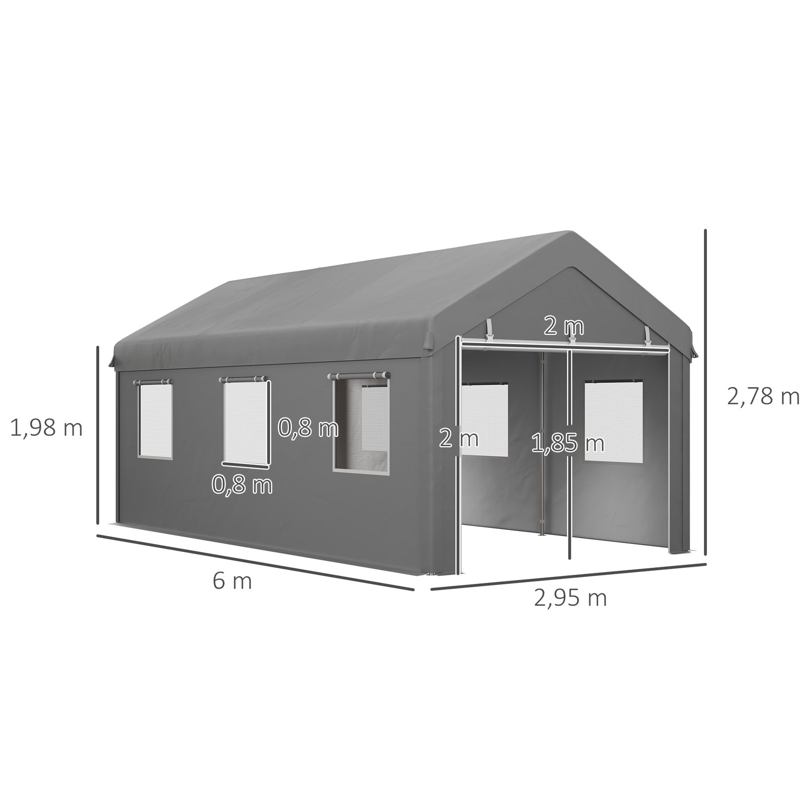 Tenda garagem 295x600x278 cm tenda de exterior resistente com 2 portas enroláveis e 6 janelas cinzento