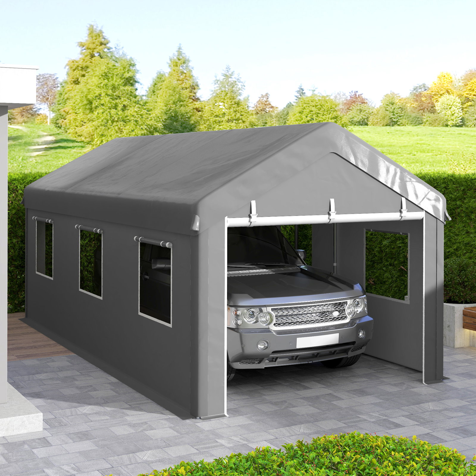 Tenda garagem 295x600x278 cm tenda de exterior resistente com 2 portas enroláveis e 6 janelas cinzento